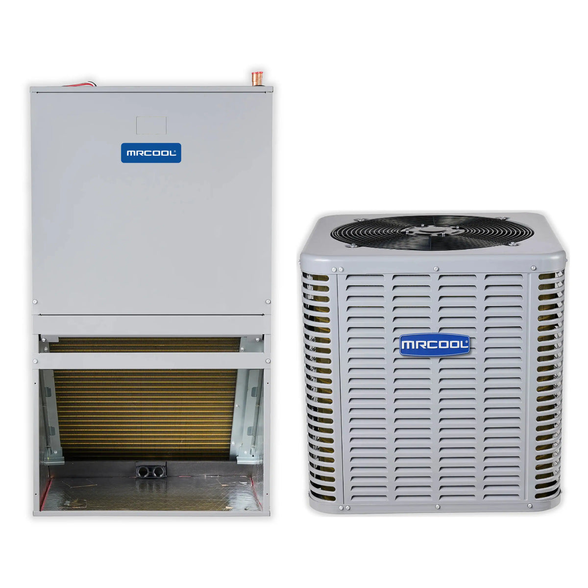 MRCOOL heat pump condenser and air handler units shown together