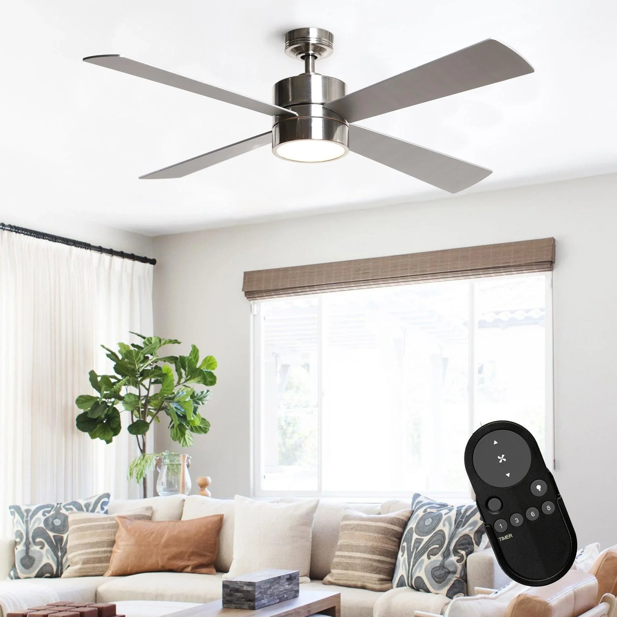Chrome industrial ceiling fan with 5 gray blades and integrated LED light, remote included