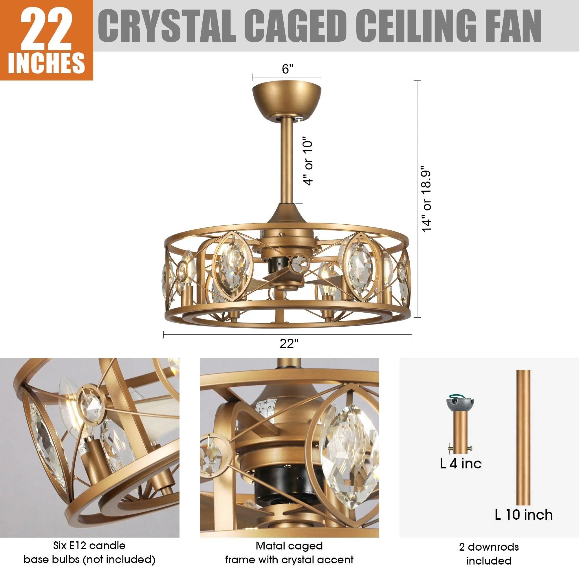 22-inch gold crystal caged ceiling fan chandelier with circular cage and bulb crystals