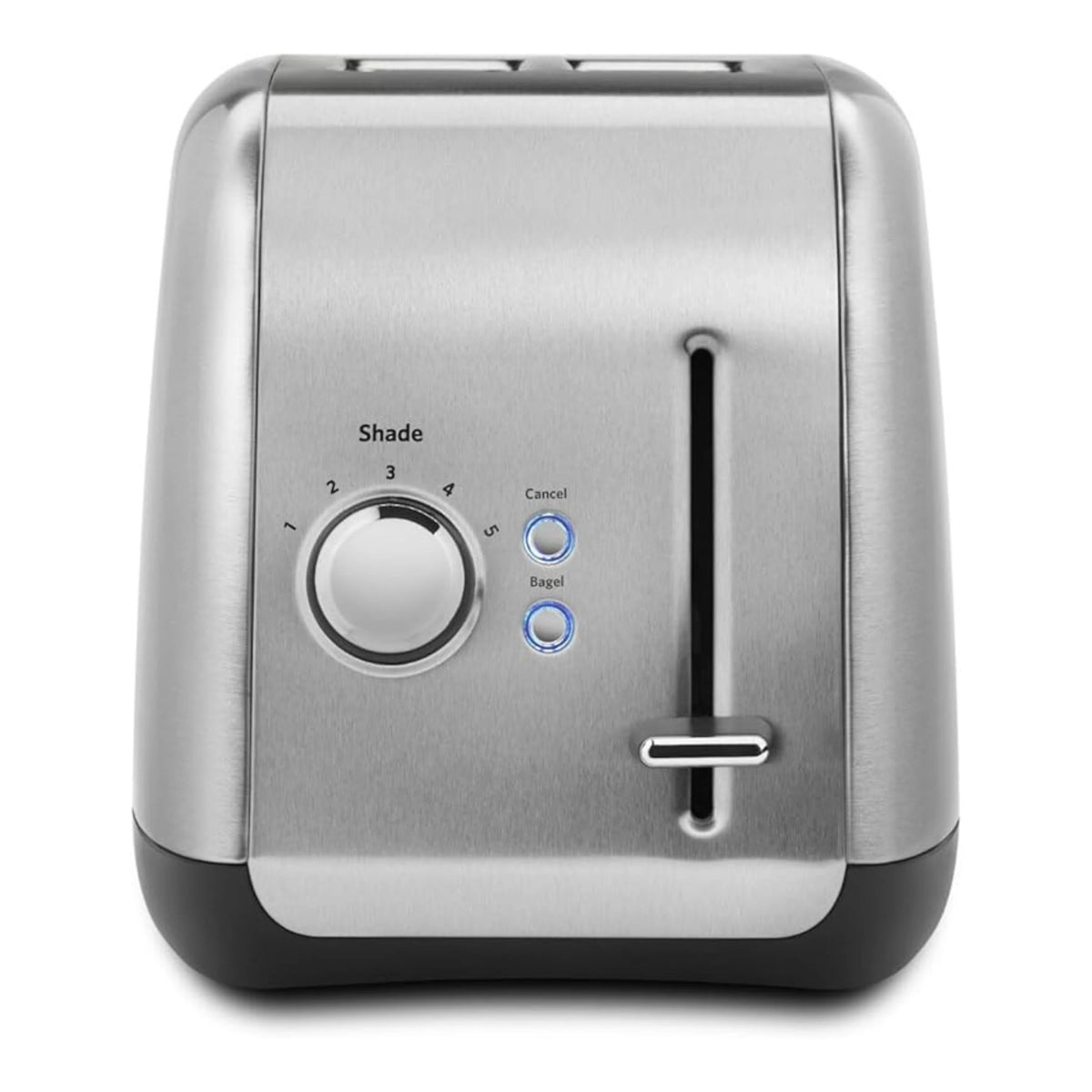 Brushed stainless steel 2-slice toaster front with shade dial and manual lift lever