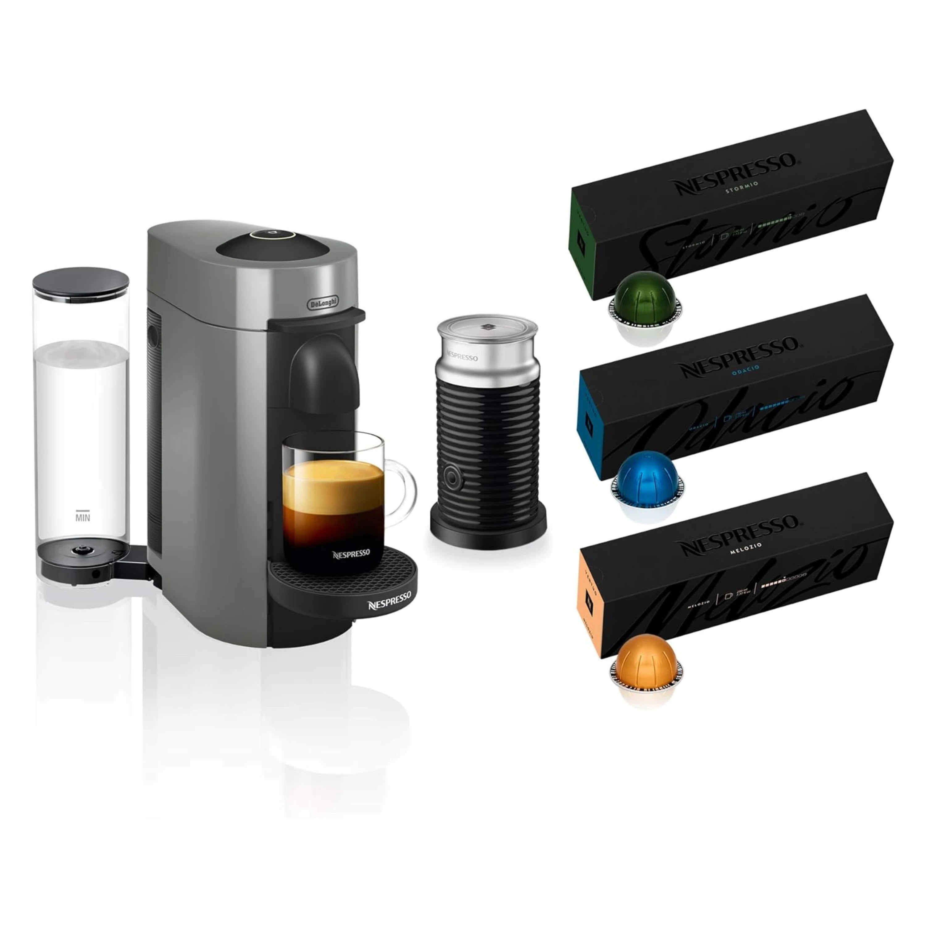 Nespresso VertuoPlus machine with Aeroccino and assorted colored capsules