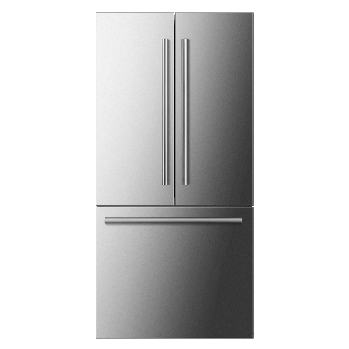 Stainless steel refrigerator door panel with vertical pull handles and bottom dispenser bar
