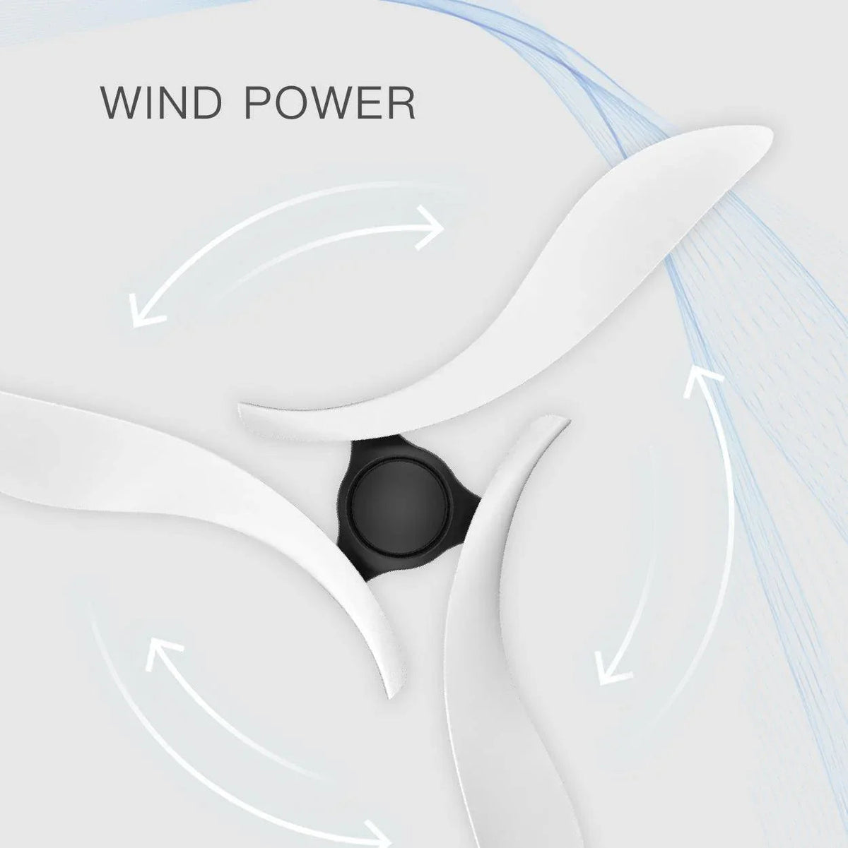 Black motor hub and white ceiling fan blades with wind flow arrows