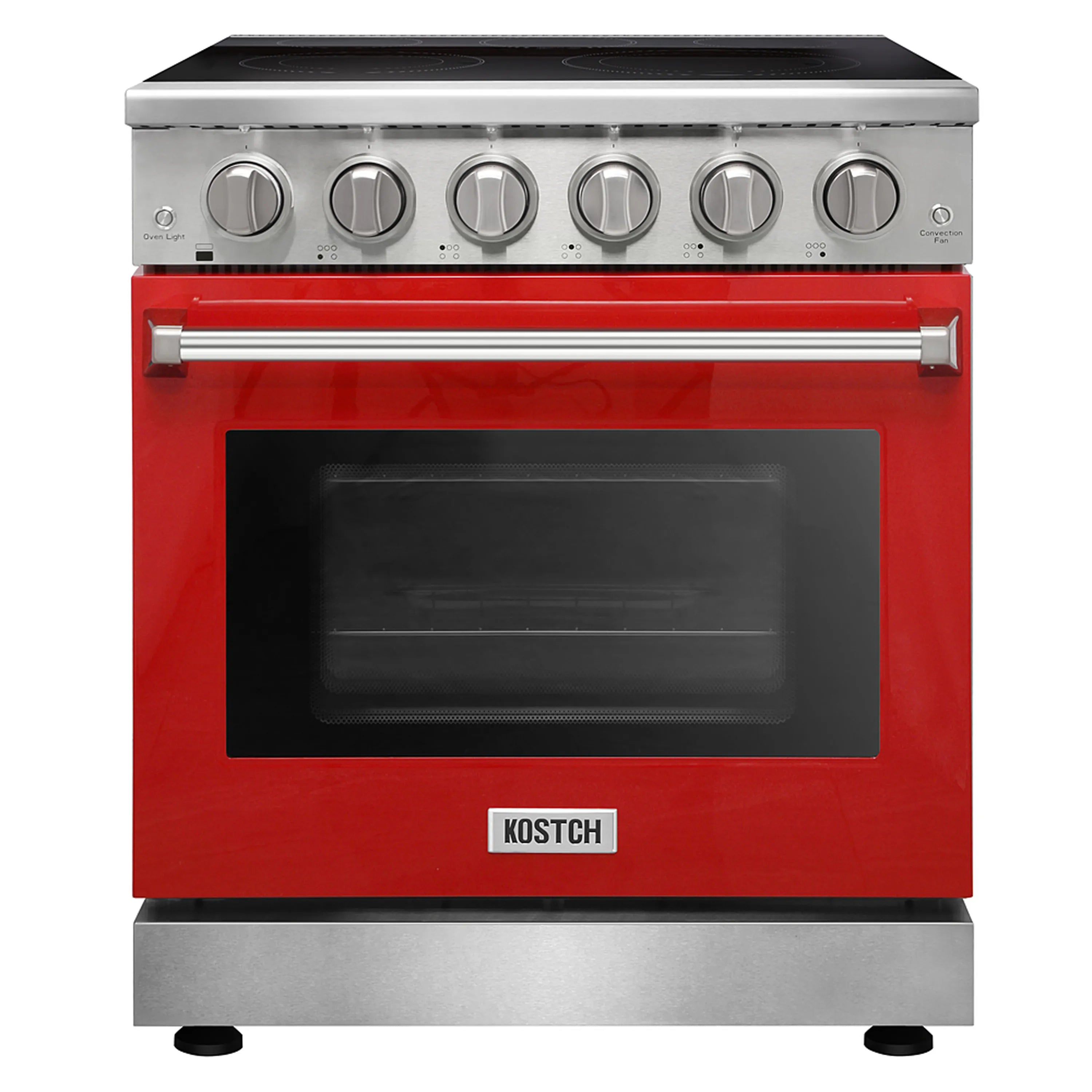 Kostch electric range front, red oven door with black glass window