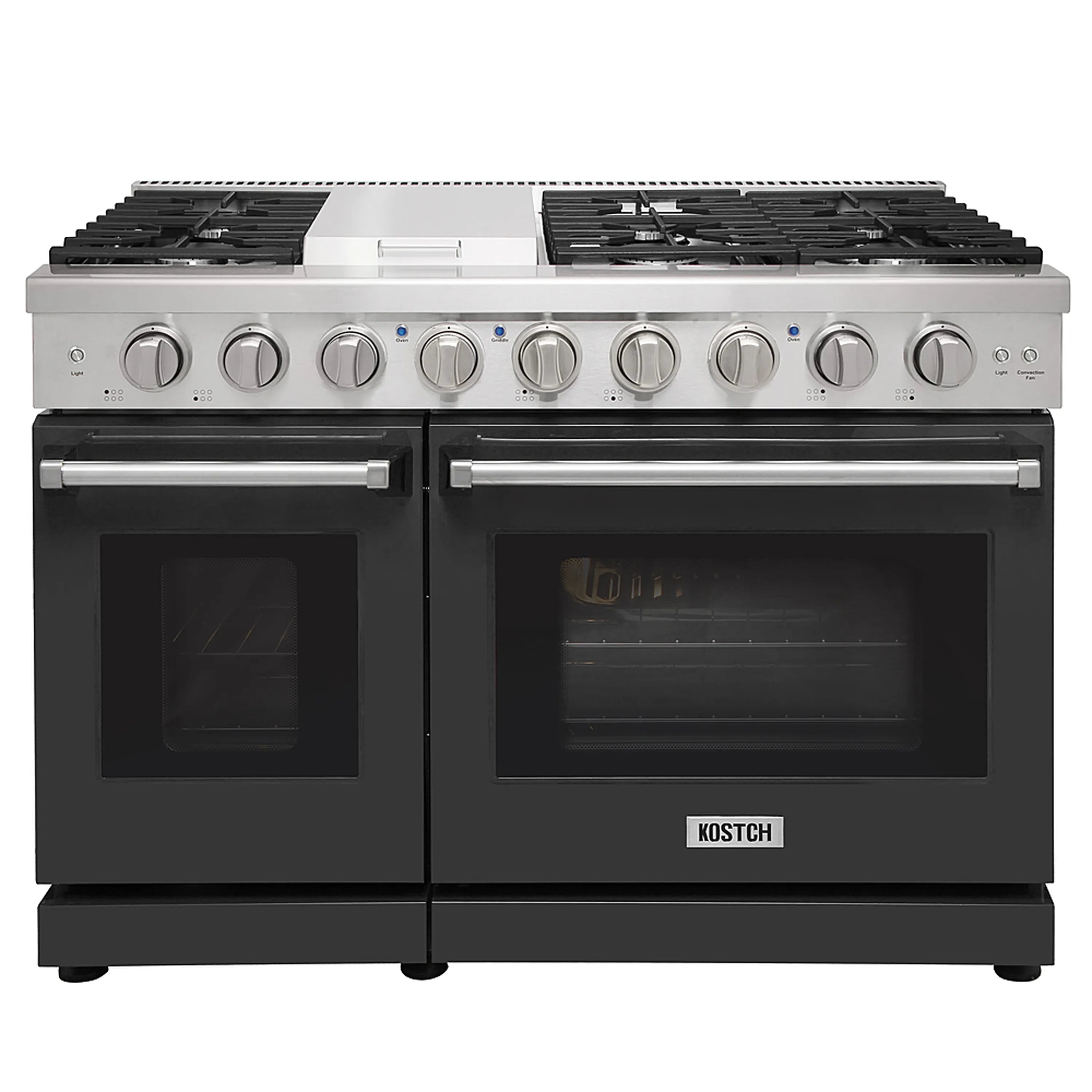 Front view gas range with stainless cooktop, multiple burners, and double ovens
