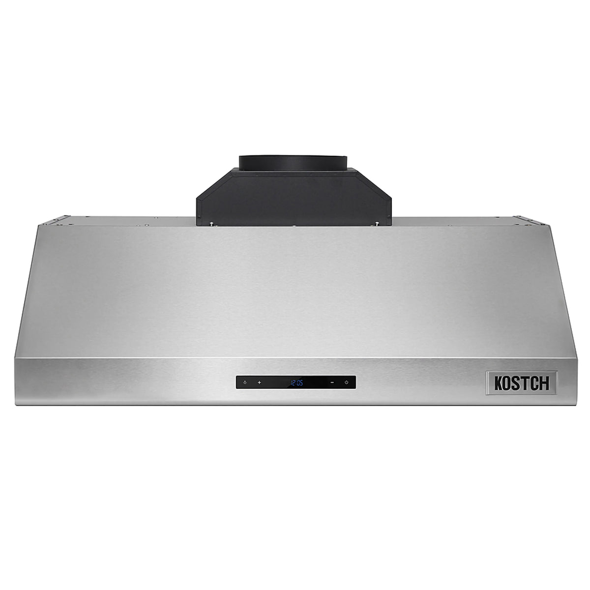 Stainless steel range hood with central chimney exhaust, front touch controls, and logo