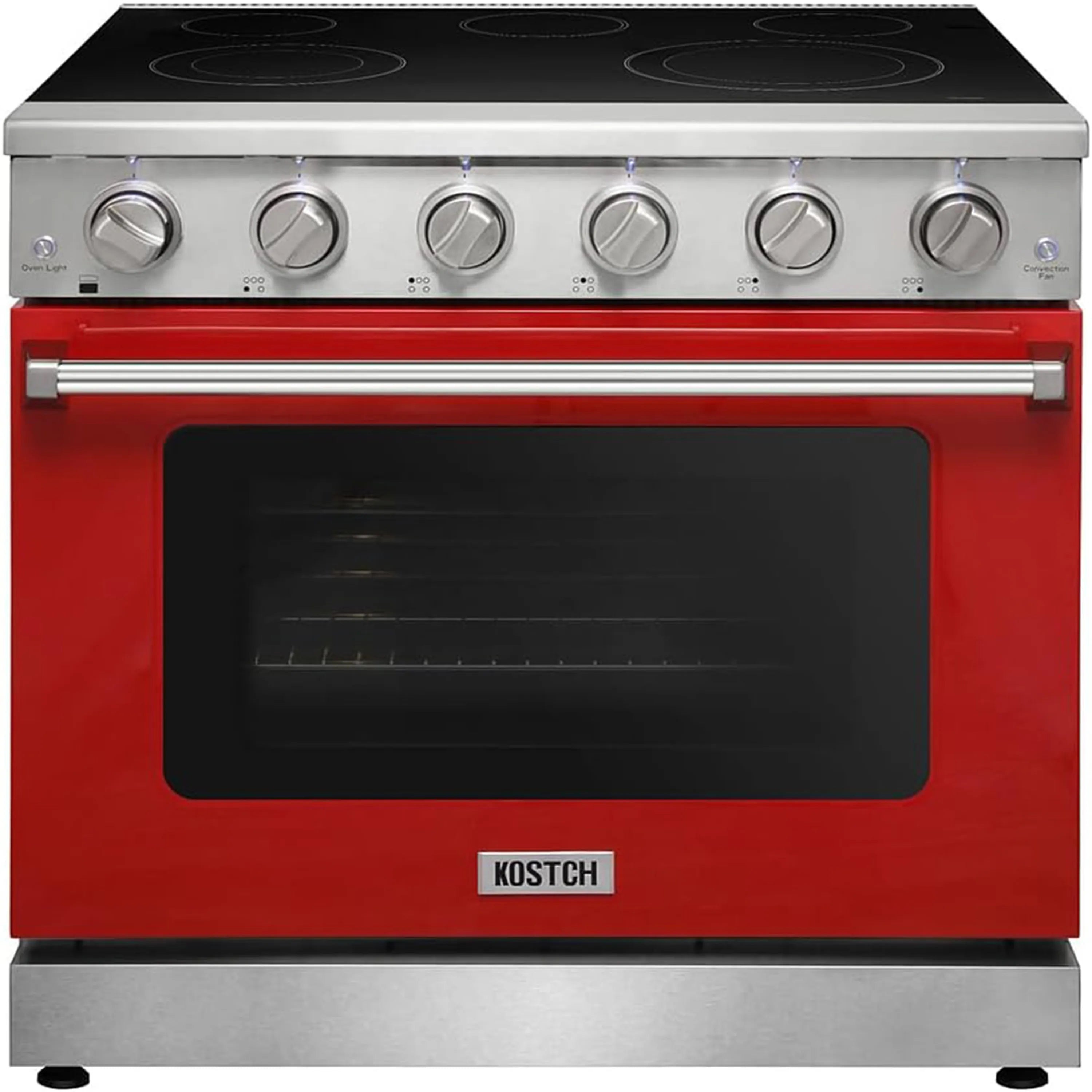 Red electric range with five burners, stainless knobs, and black glass oven window