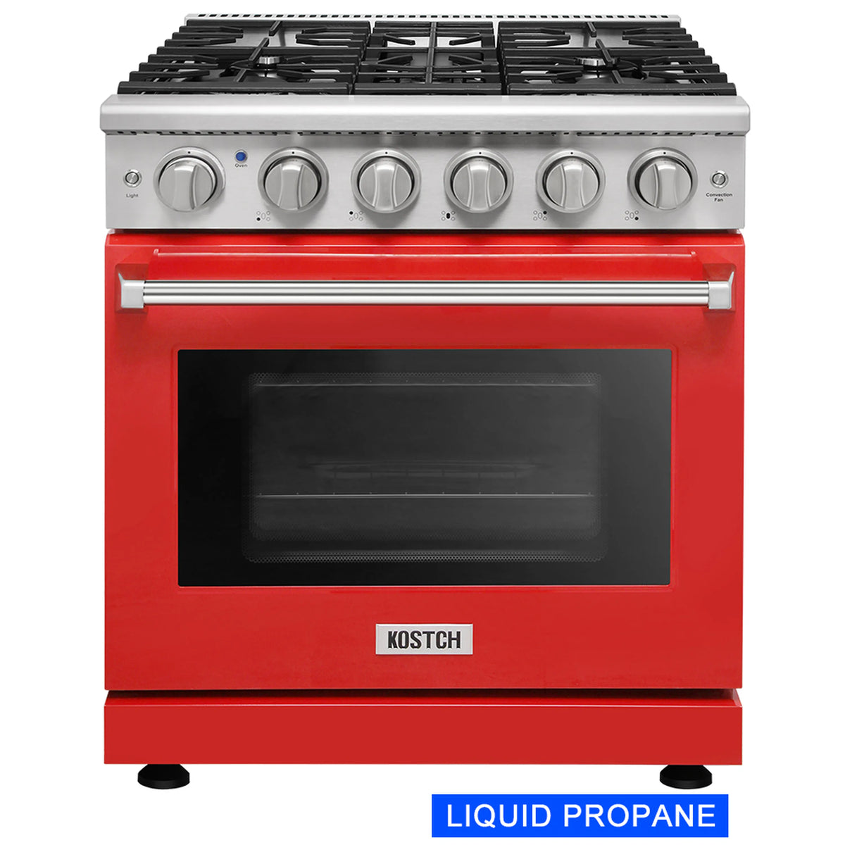Red 30-inch gas range with 5 burners, convection oven window, and front control knobs