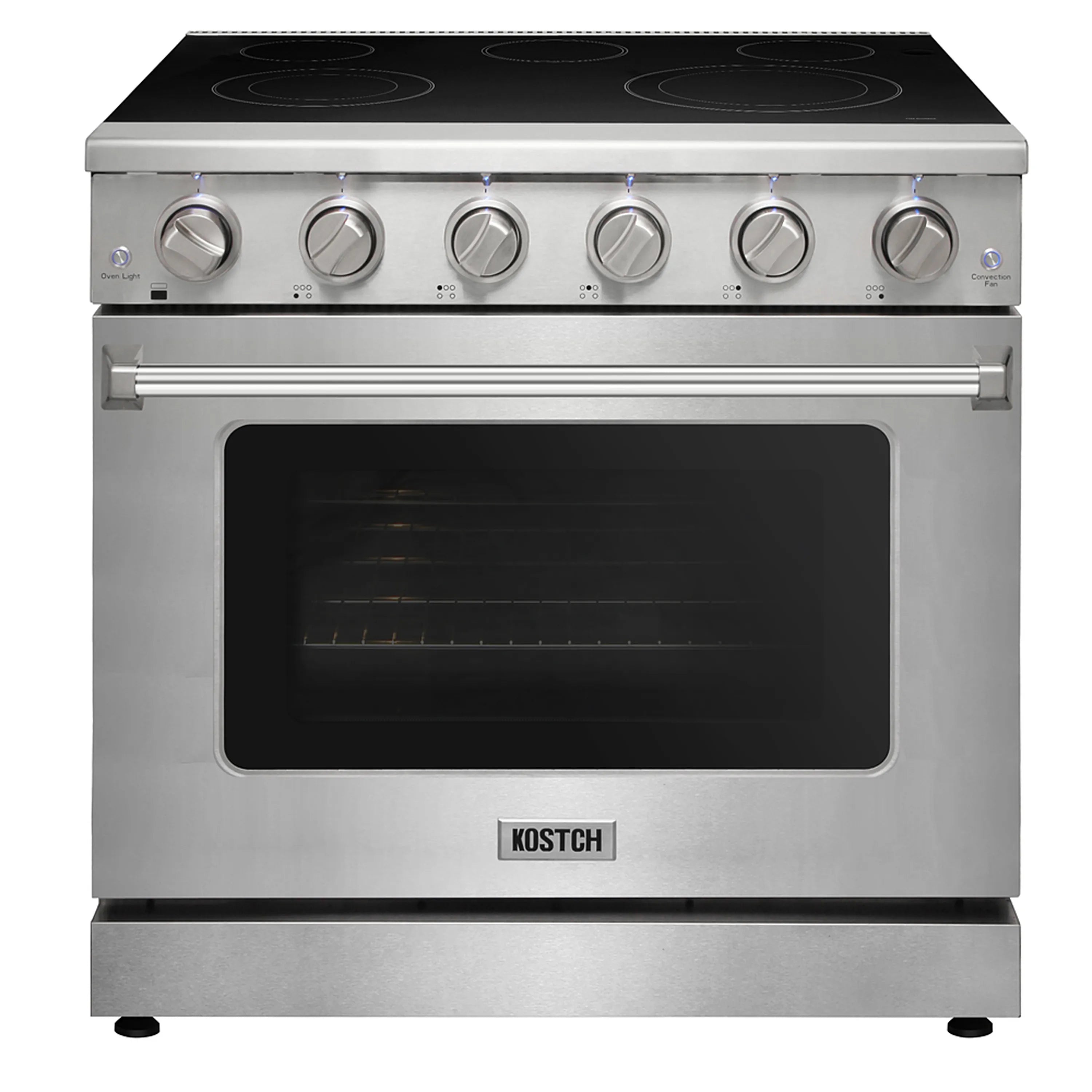 Stainless steel electric range with black glass cooktop and closed oven door