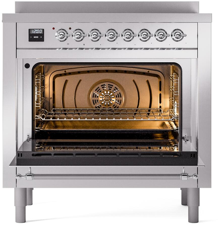 Stainless steel oven interior with glass door open, bake rack, and side rails
