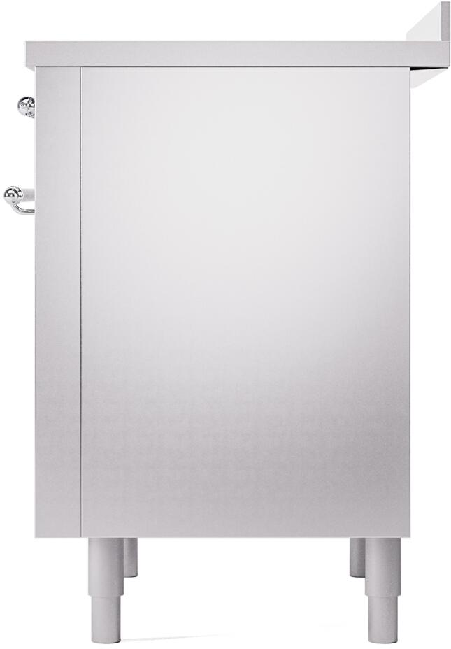 Stainless steel freestanding range side view with lower legs and trim edges