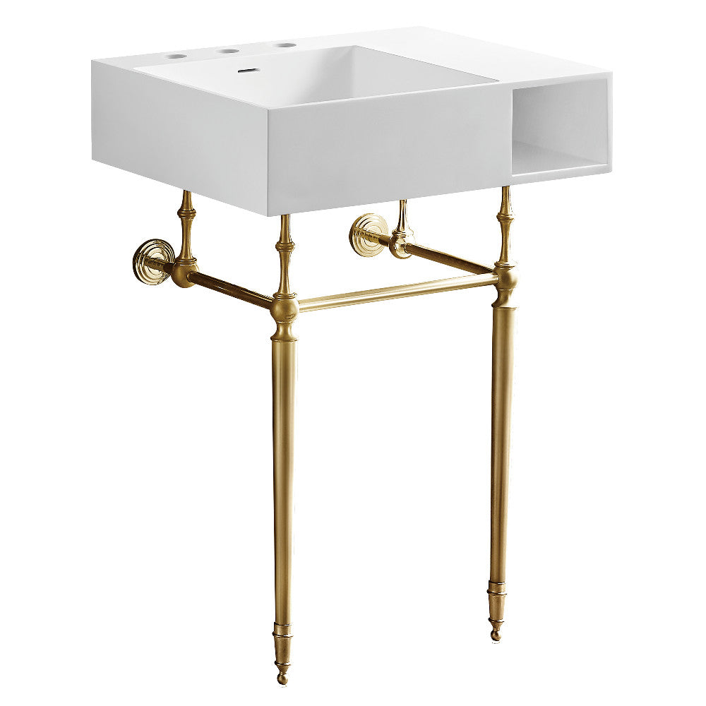 Matte white solid-surface console sink with brass legs and 3 faucet holes