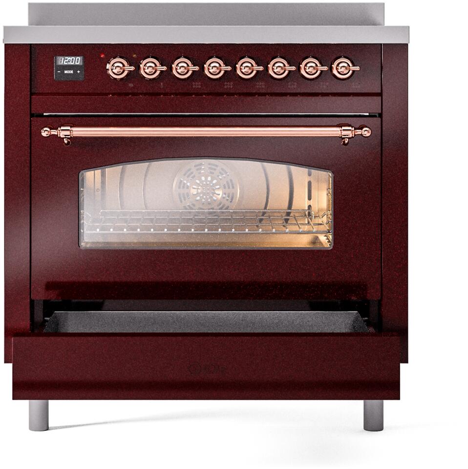 Burgundy induction range with oven door closed and large glass window