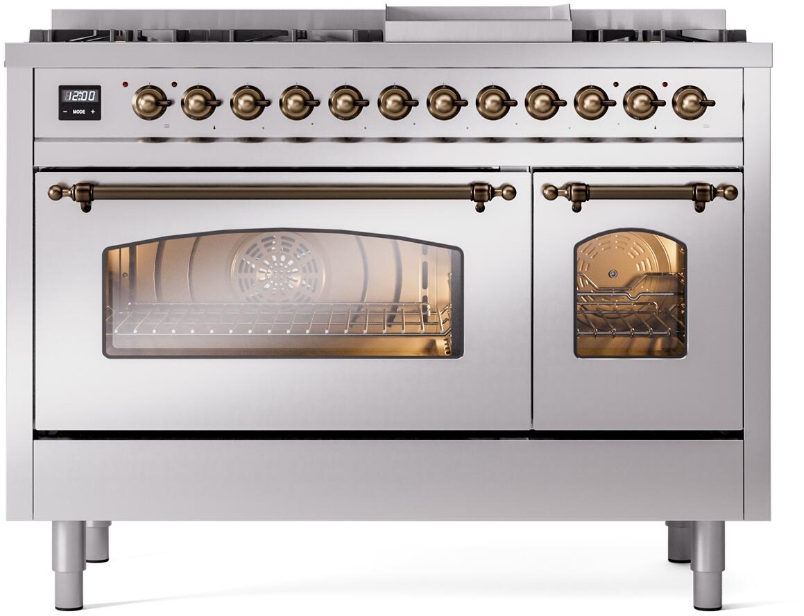 Stainless steel freestanding dual fuel range with bronze-trimmed control knobs and oven doors