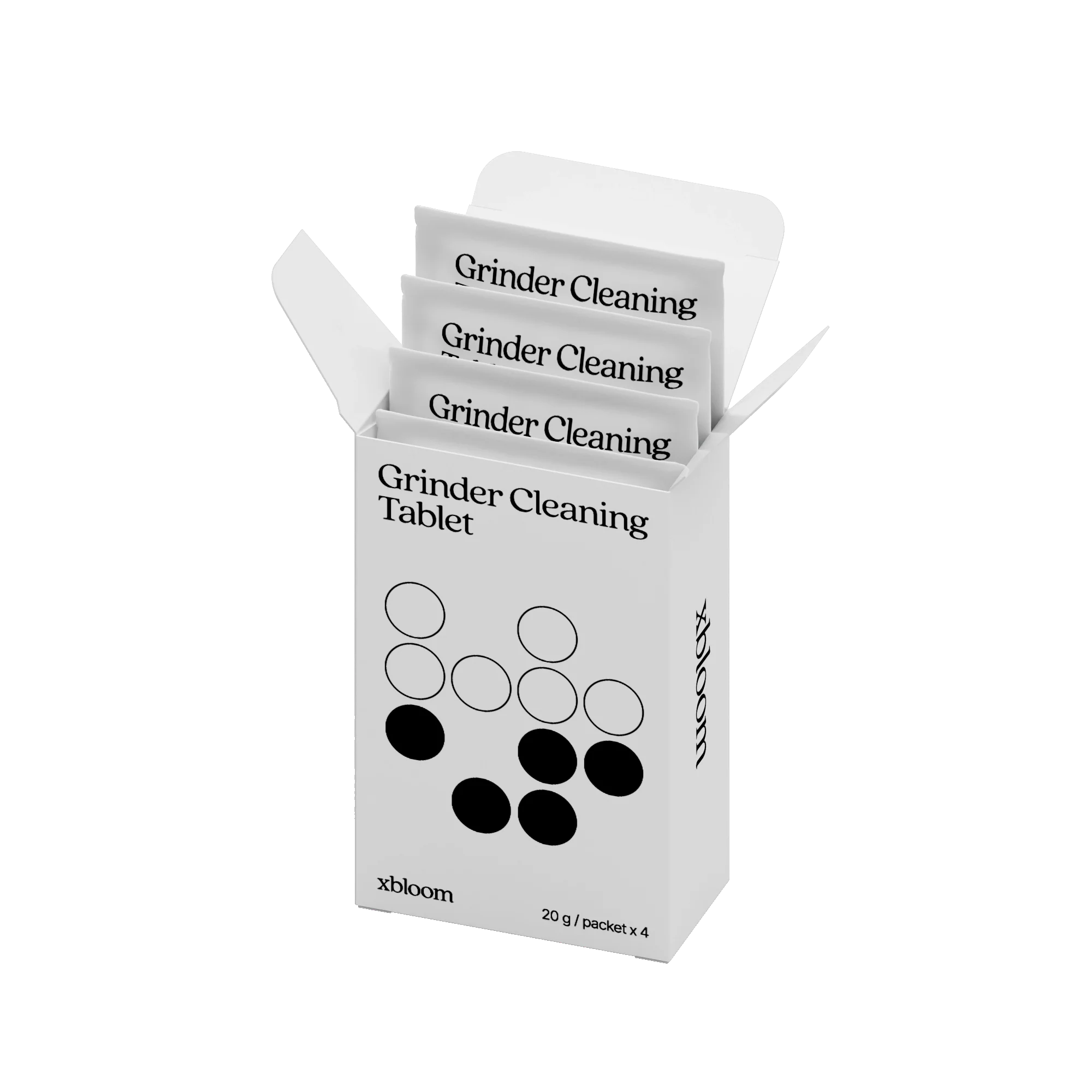 xBloom grinder cleaning tablet pack, white box with circular icon and 20 g/pack