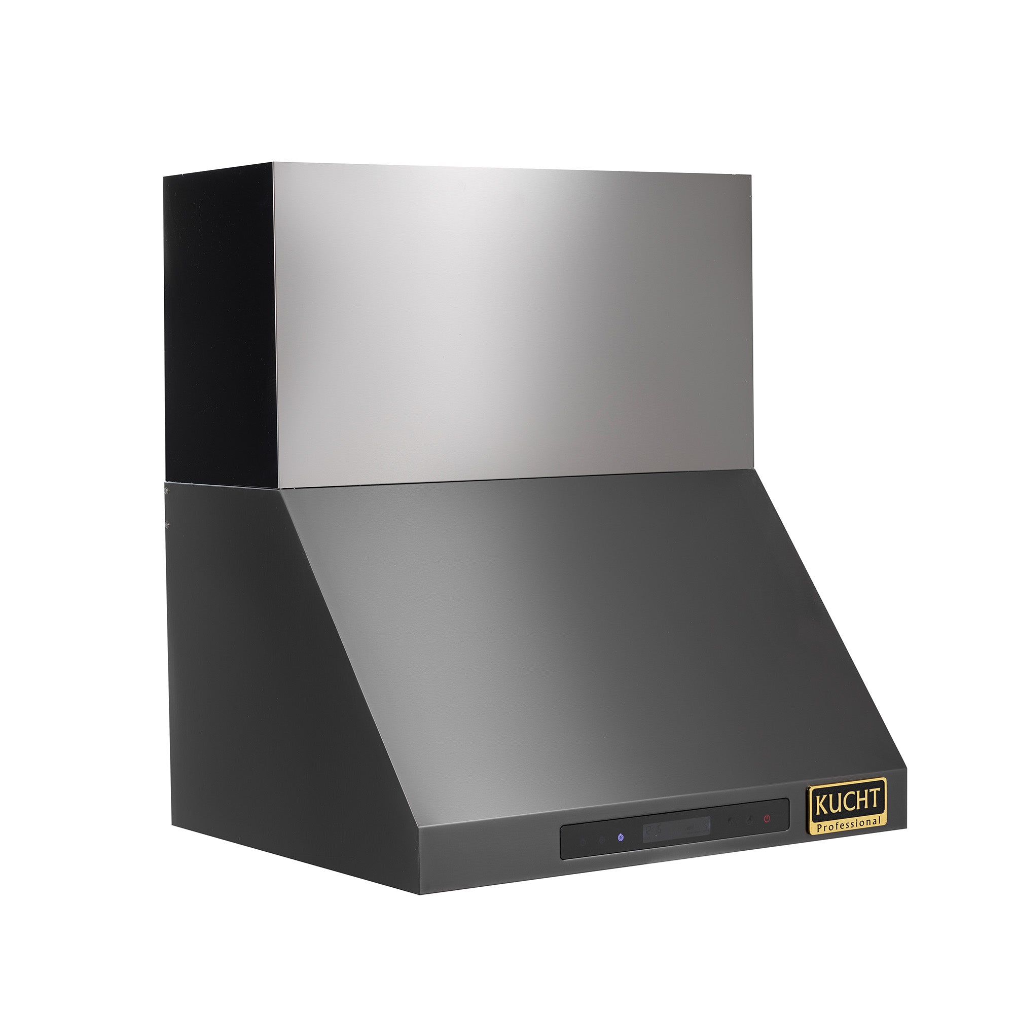 Two-tone wall mount range hood with dark canopy and brushed metal chimney cover