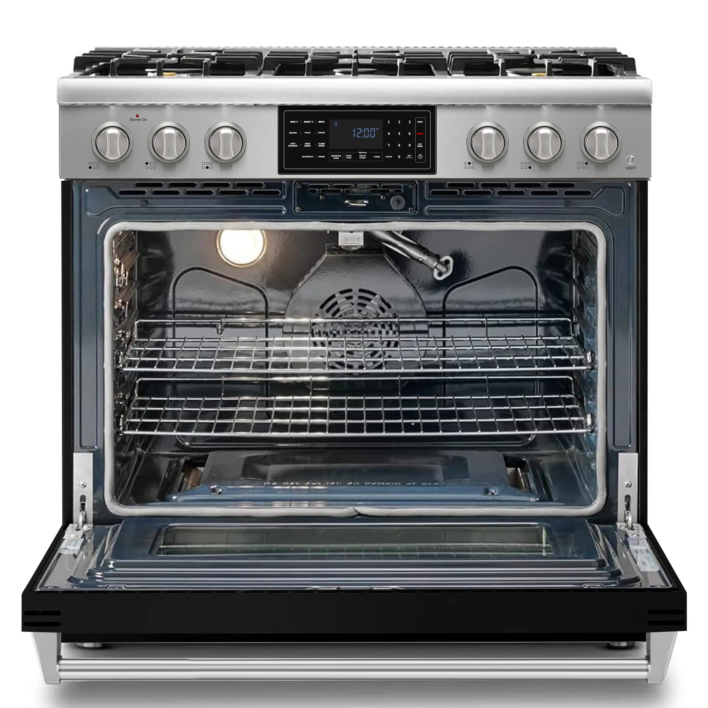 Propane gas range with open oven showing racks and rear burner