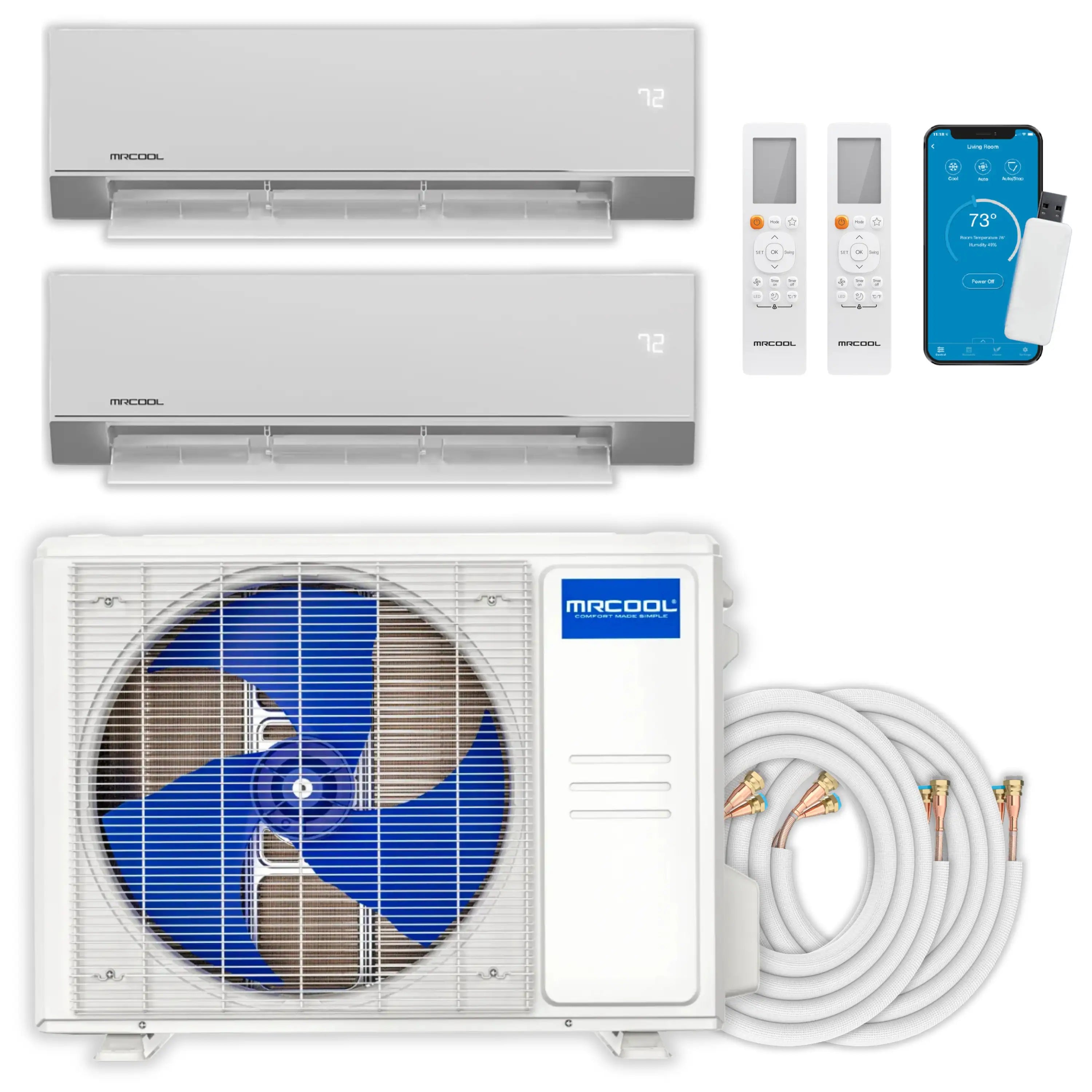 MRCOOL mini split kit with two wall air handlers, outdoor condenser, and insulated tubing
