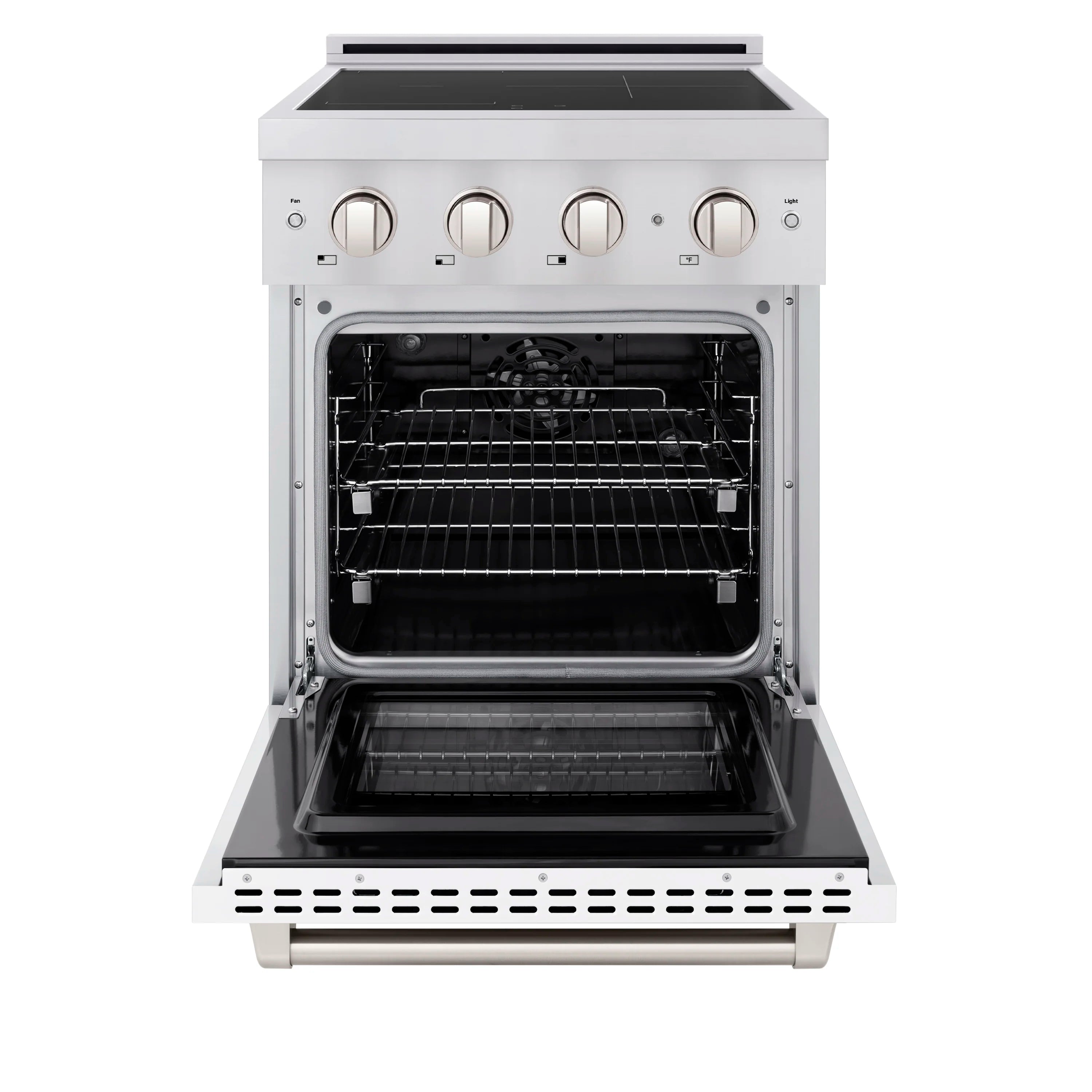 Stainless steel induction range with open electric convection oven, racks visible, 4 cooktop knobs