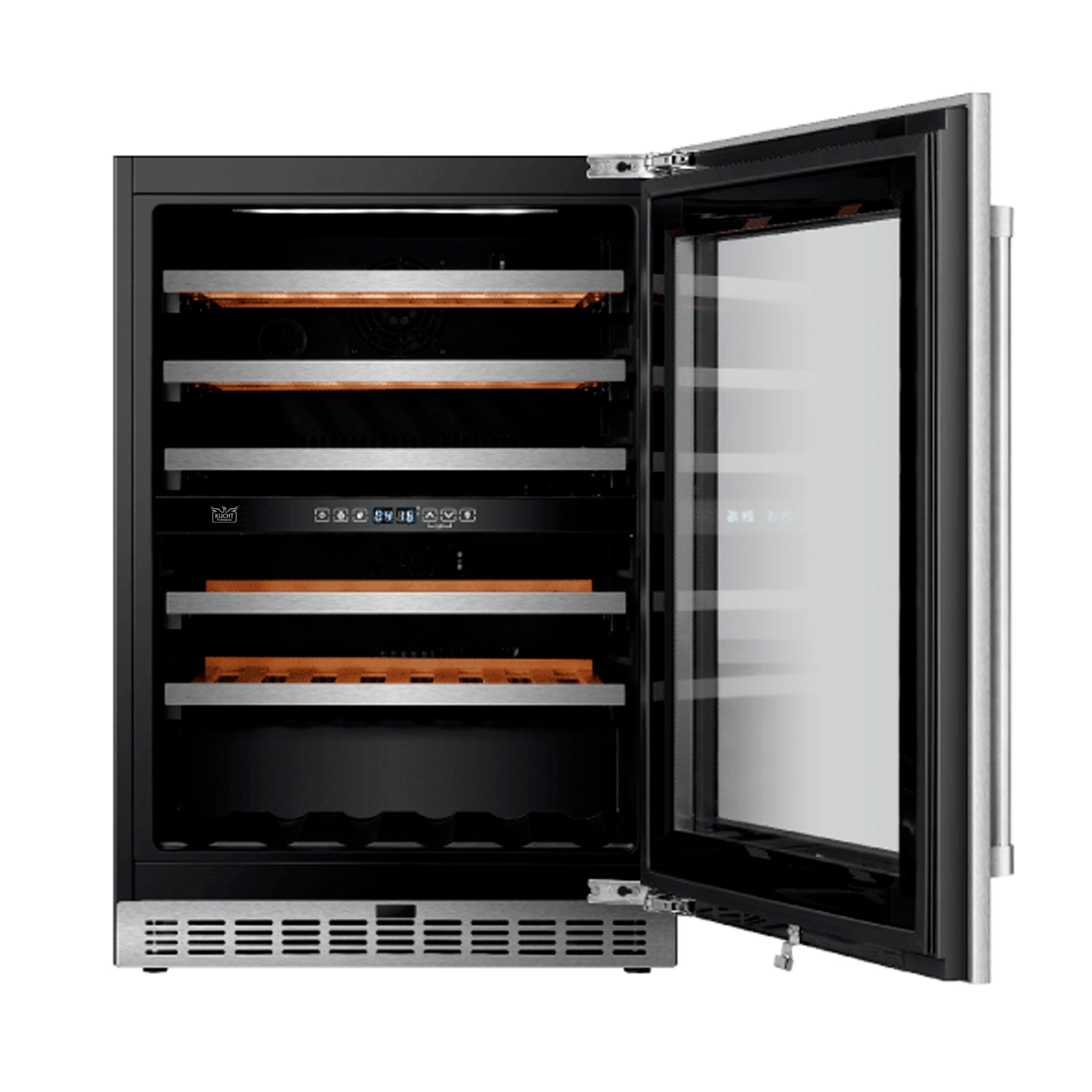Stainless steel wine cooler with open door and glass front, dual-zone shelving