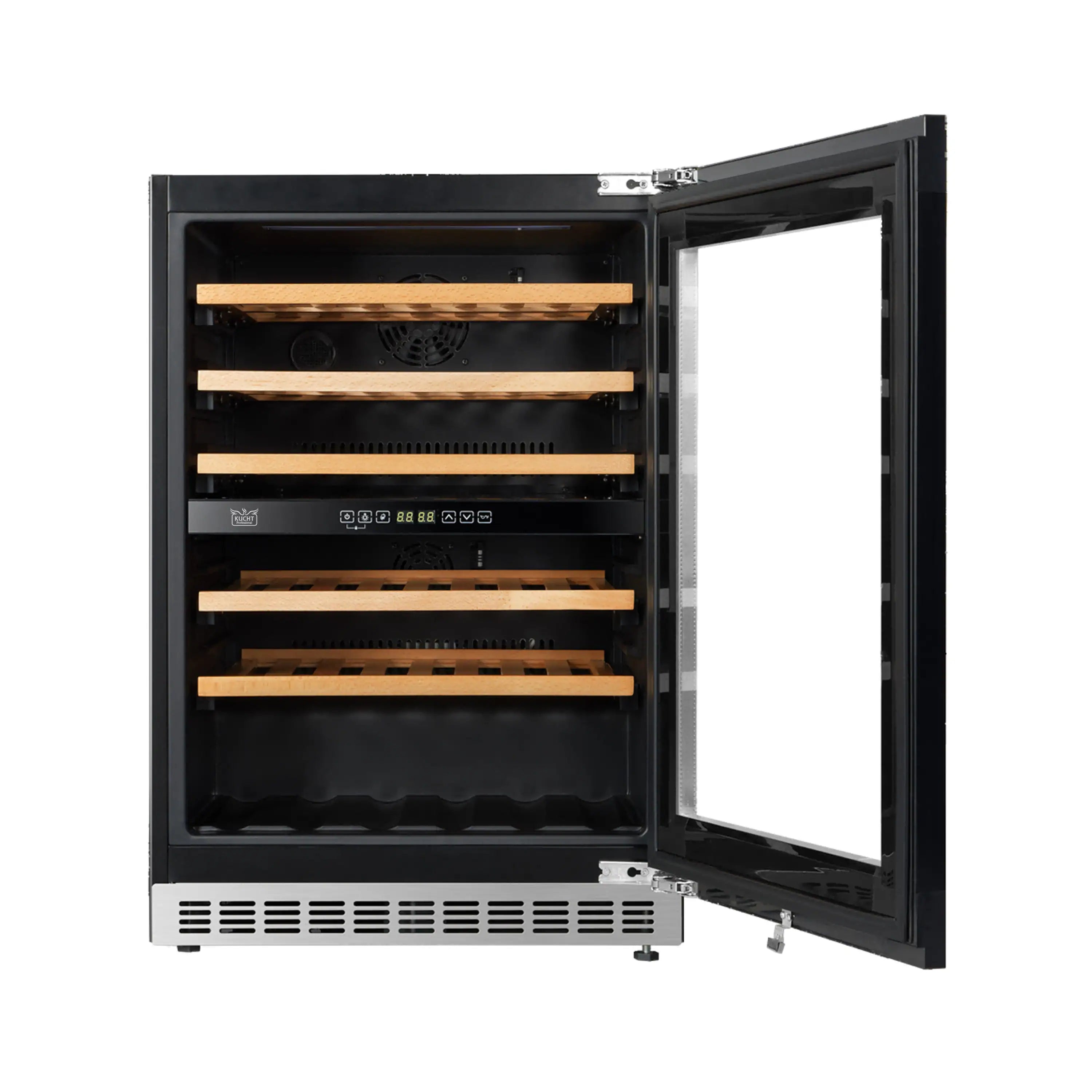 Wine cooler with black cabinet and open glass door, showing wood wine racks and interior controls