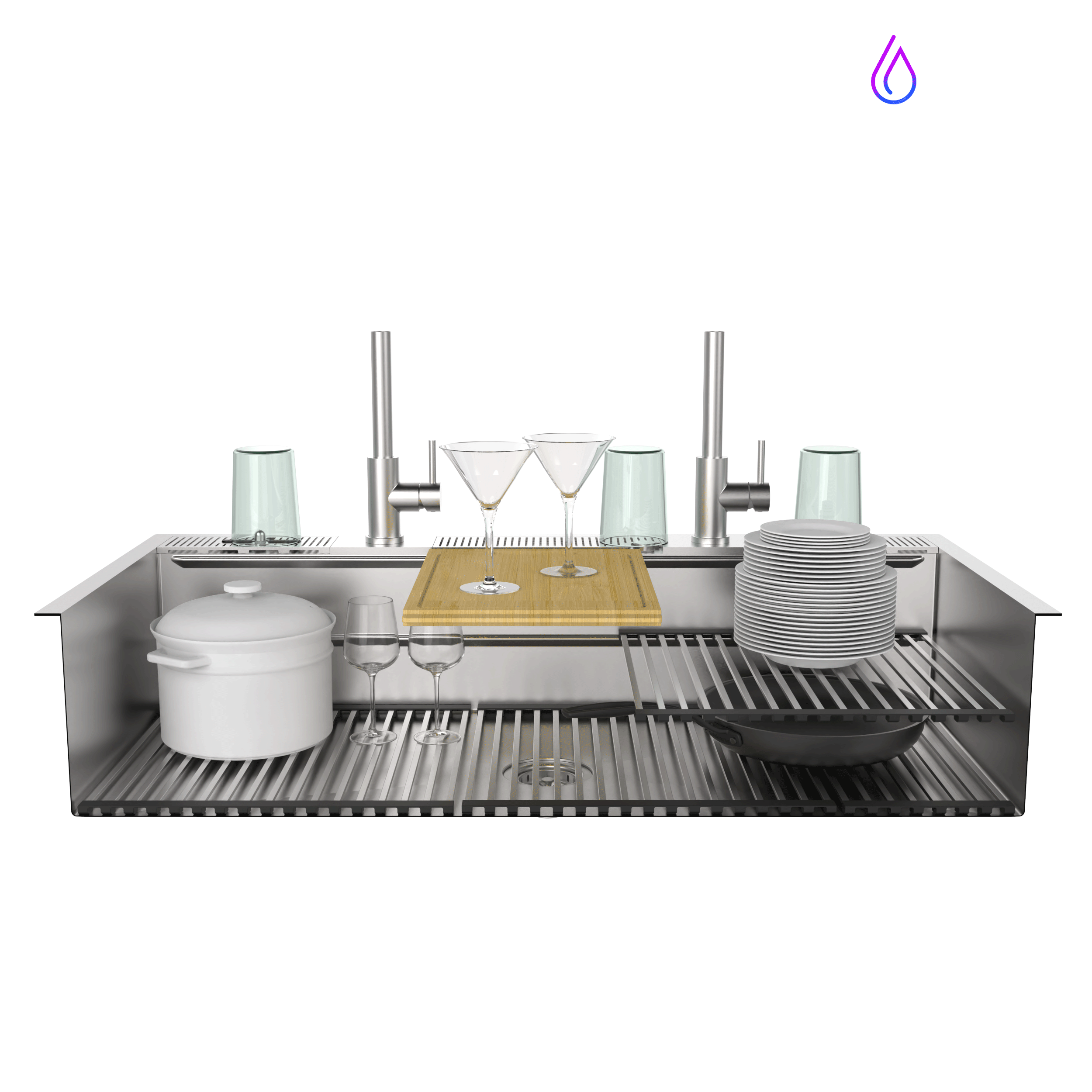 Stainless steel workstation sink with deck racks, faucets, and dish/rinse accessories