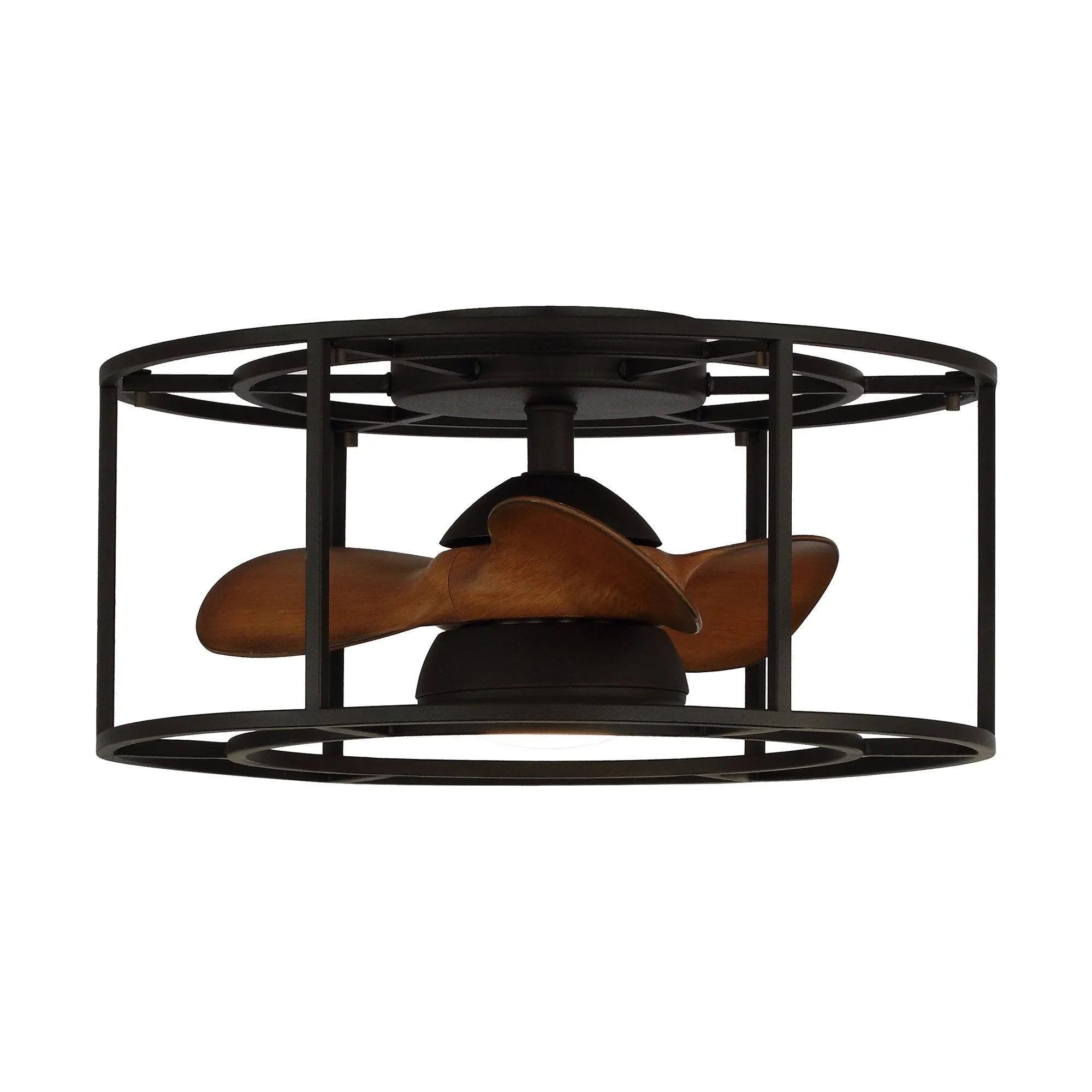 Black industrial flush-mount ceiling fan with brown reversible blades and LED light