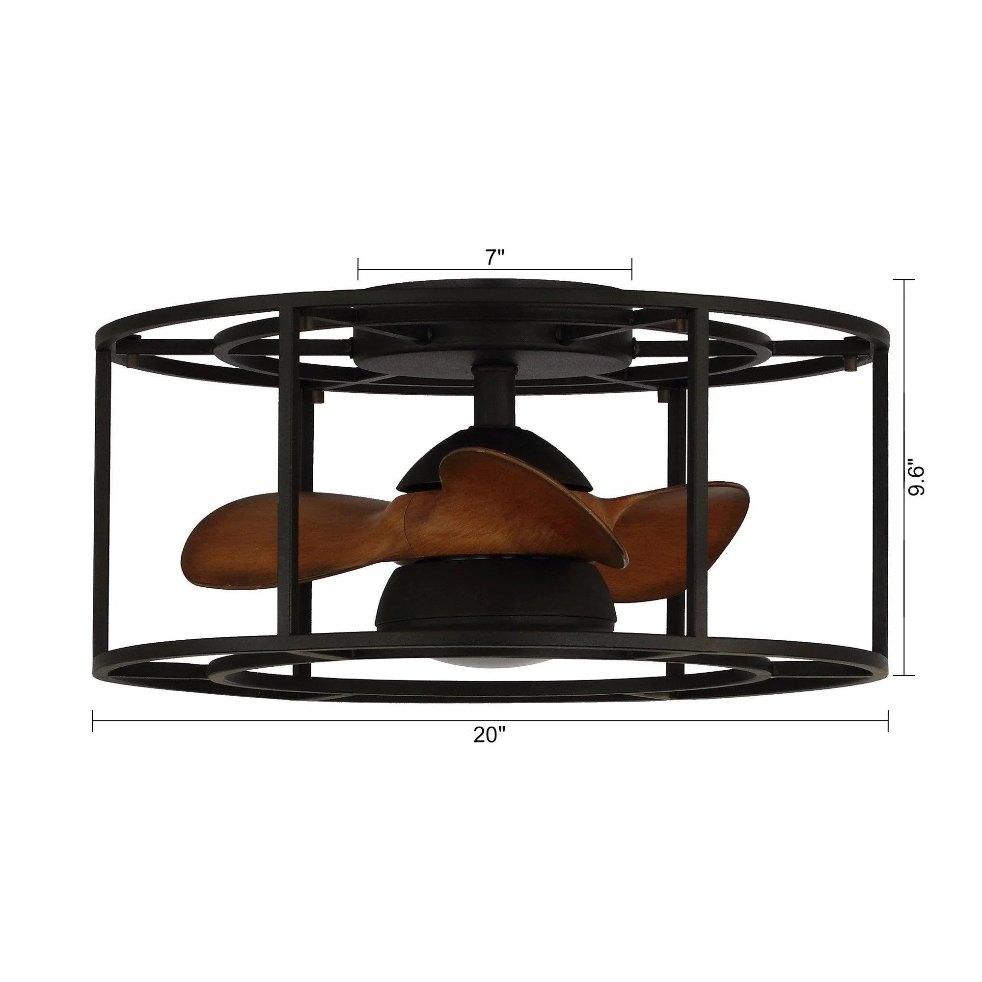 Black flush-mount ceiling fan with brown blades, 20 in wide and 9.6 in high