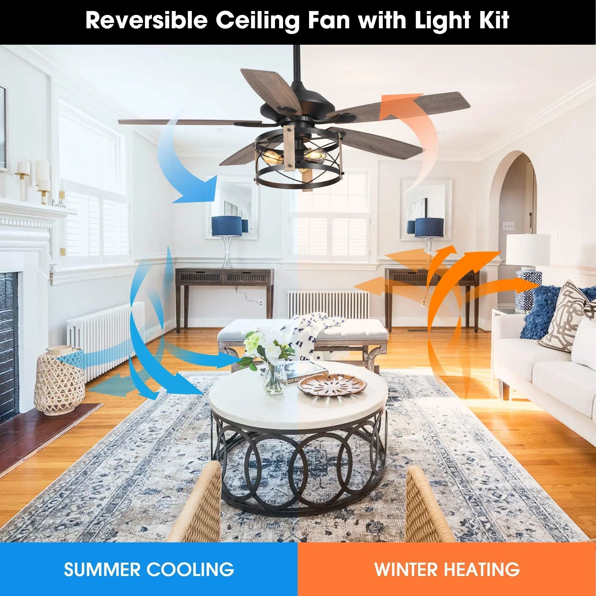 Reversible black ceiling fan with light kit for summer cooling and winter heating