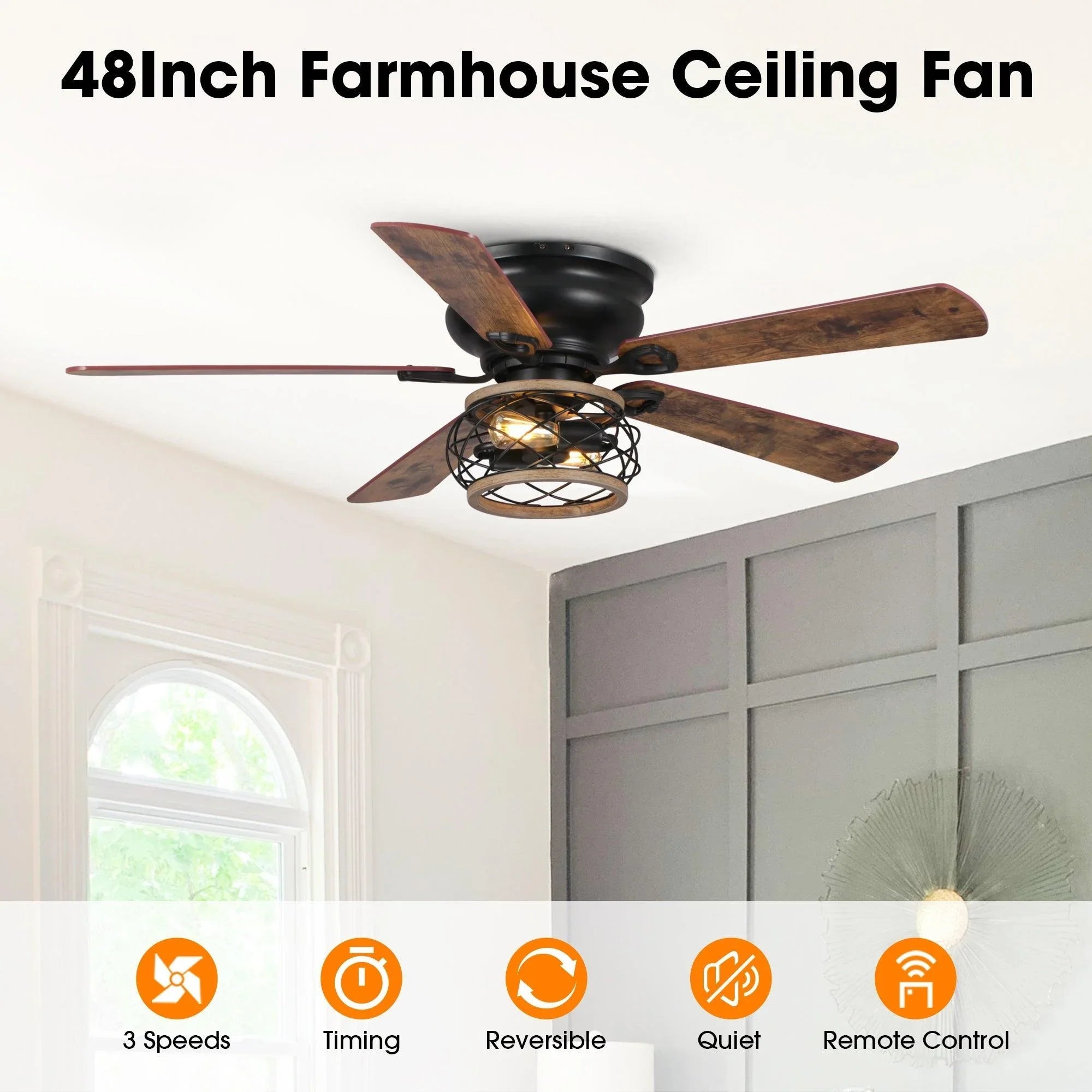Farmhouse style ceiling fan with black motor, four wood blades, and cage light