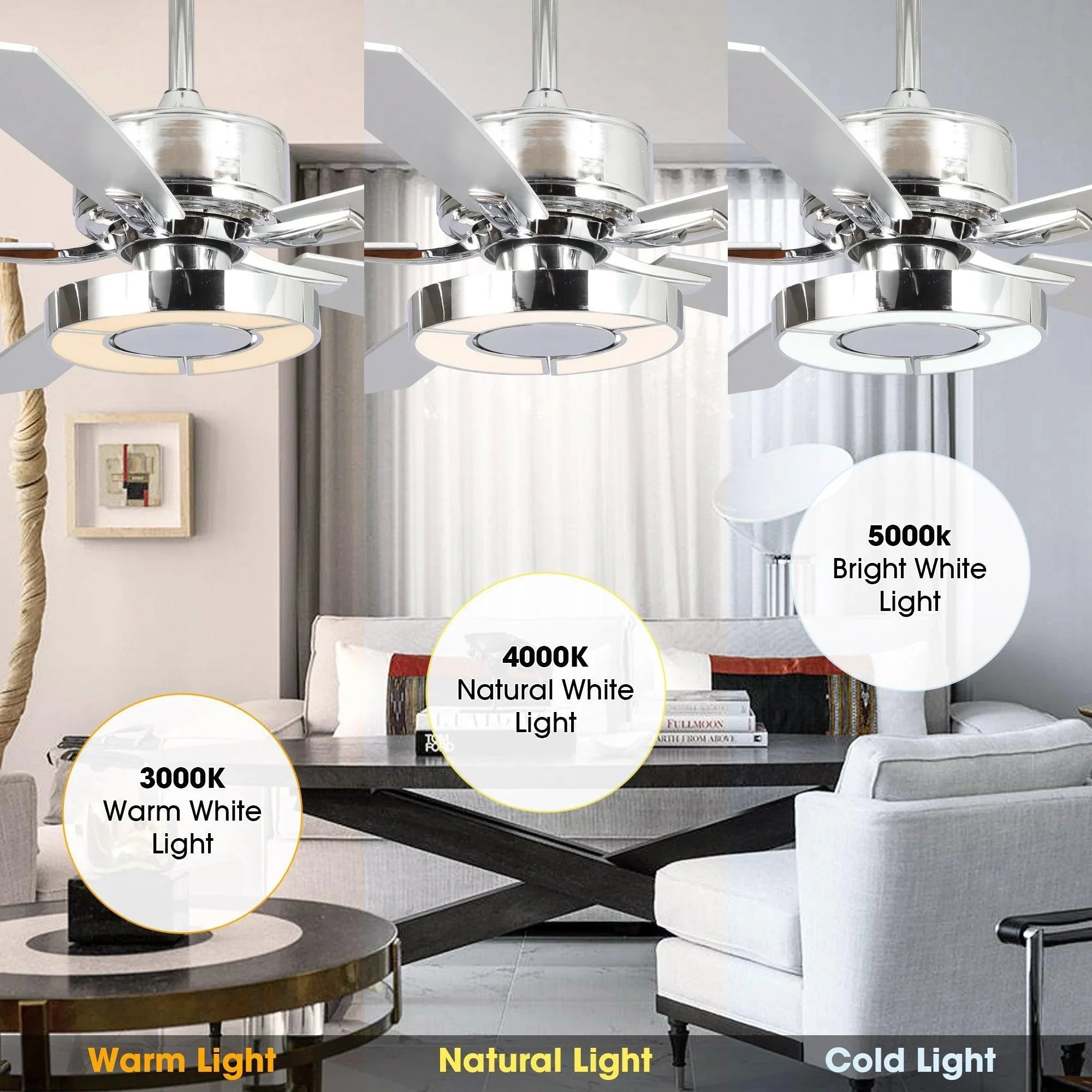Chrome reversible ceiling fan with integrated LED light and multiple color temperatures