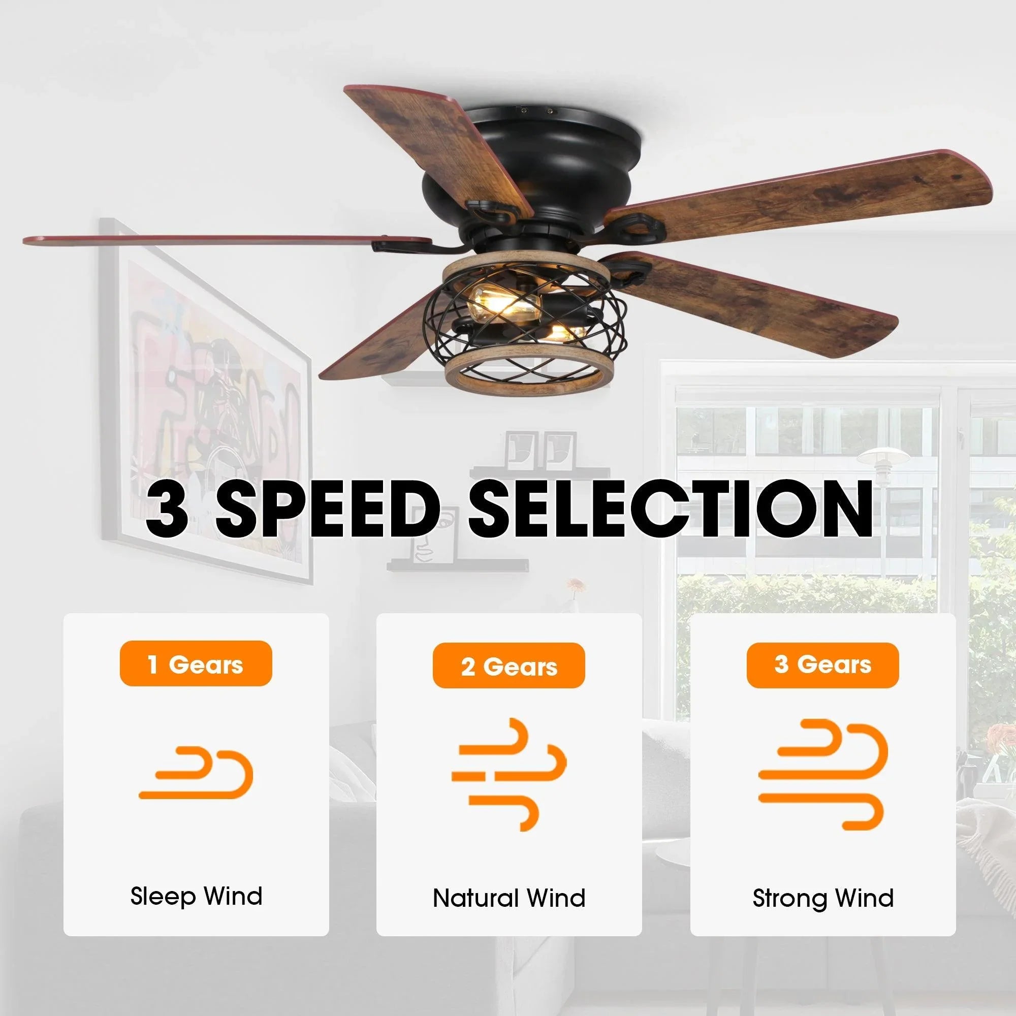 Black ceiling fan with four wood blades and an open metal cage light housing