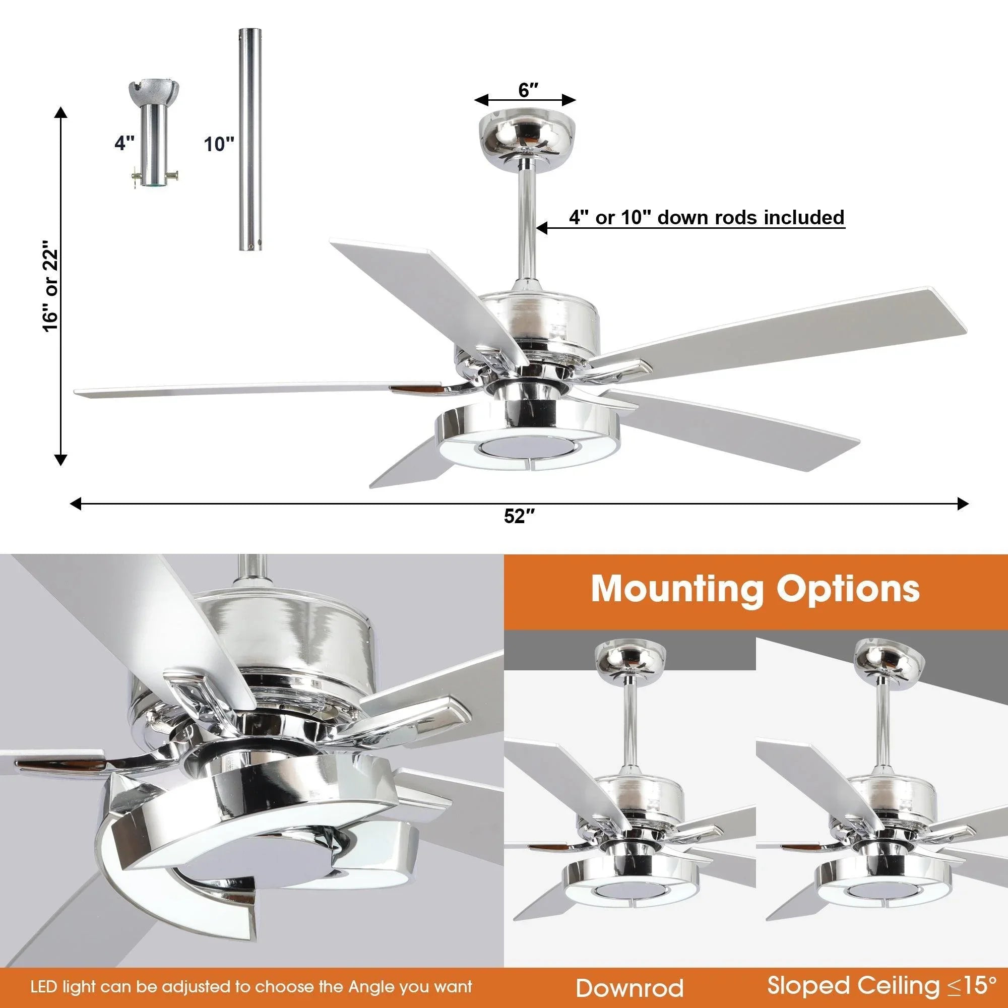 Chrome reversible ceiling fan with 52-inch blade span and included downrod mount