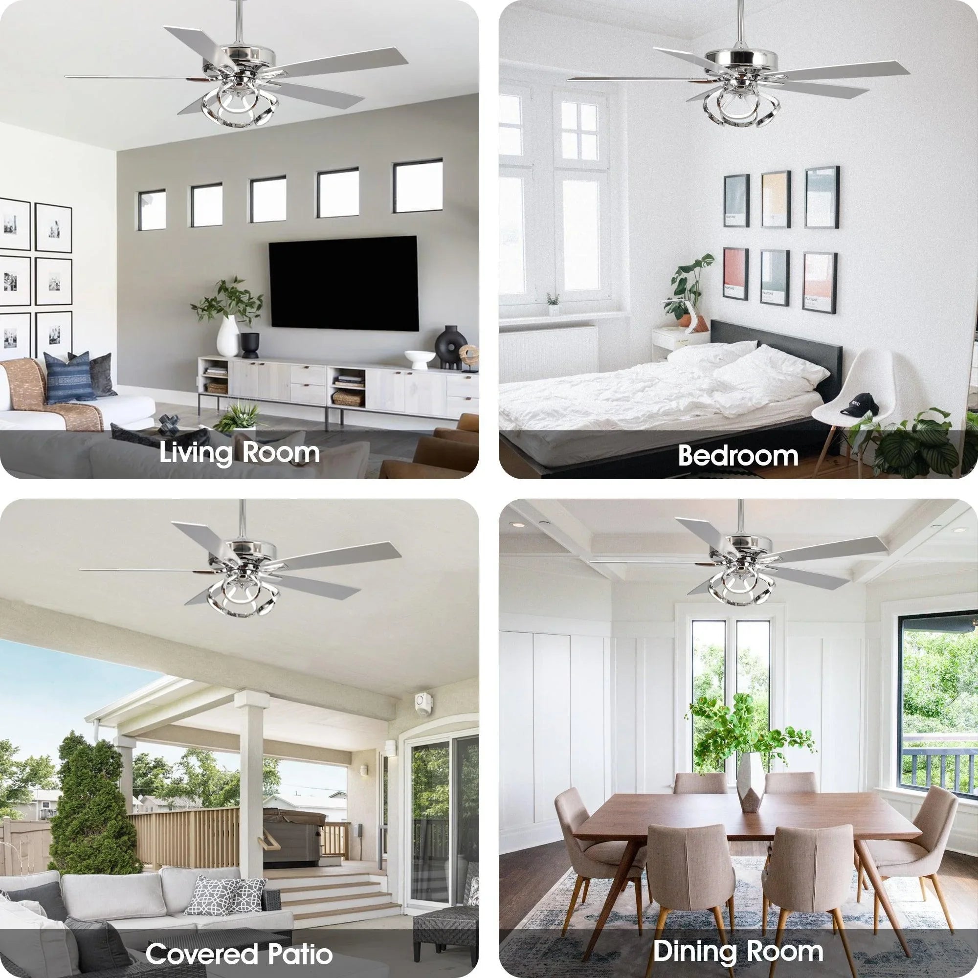 Chrome ceiling fan with light and five-blade design for indoor rooms