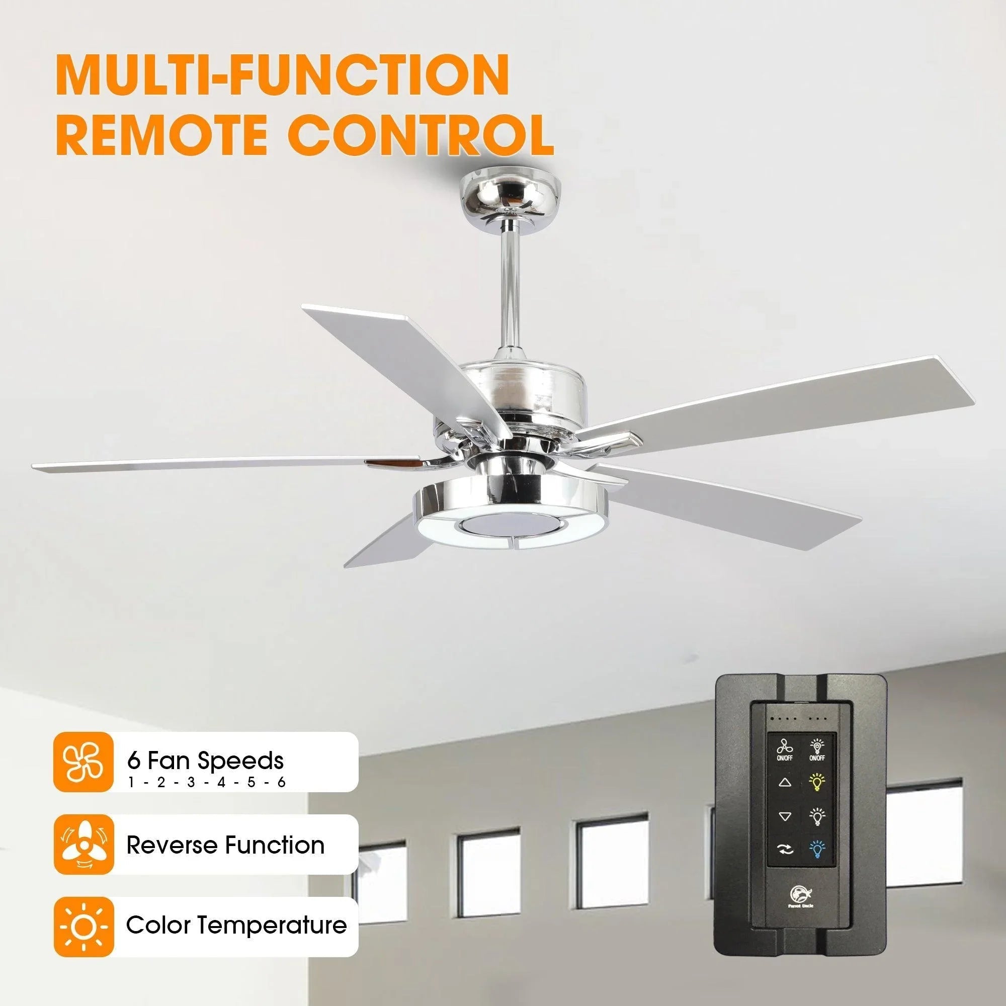 Chrome ceiling fan with LED light and remote control showing six fan speed modes