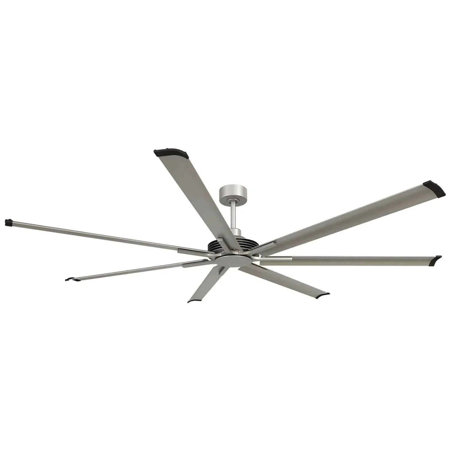Silver ceiling fan with five blades and central motor mount