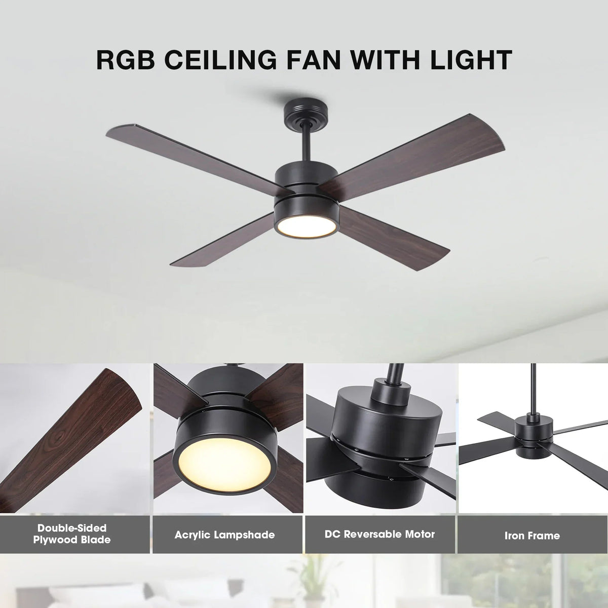Industrial LED ceiling fan with black frame, acrylic light shade, and dark plywood blades