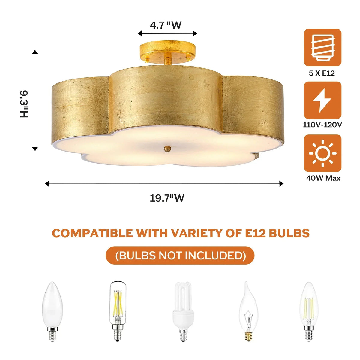 Parrot Uncle 20-Inch Joyce 5-Light Vintage Golden Semi-Flush Mount Ceiling Light (BBC3004)