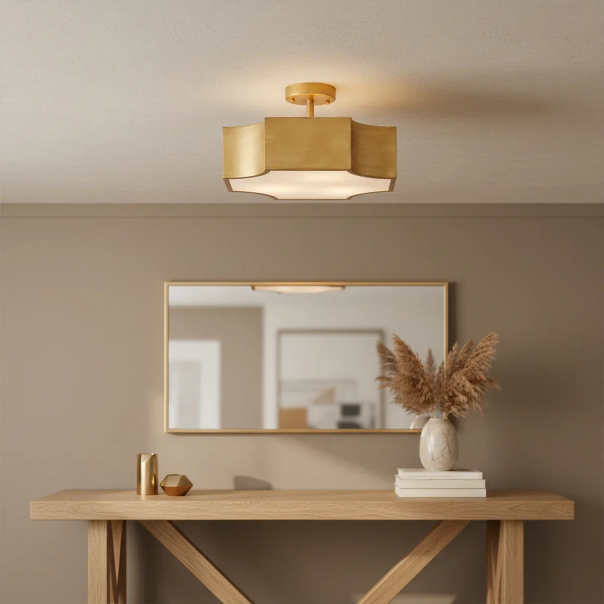Golden semi flush ceiling light with three vintage-style shades
