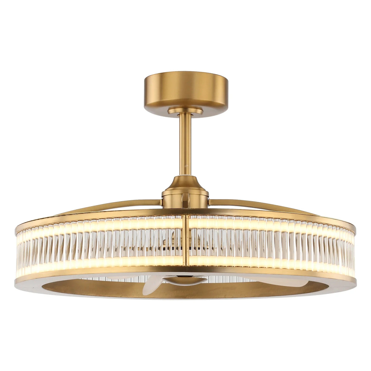 Golden ceiling fan chandelier with vertical frosted glass ring and central downrod mount