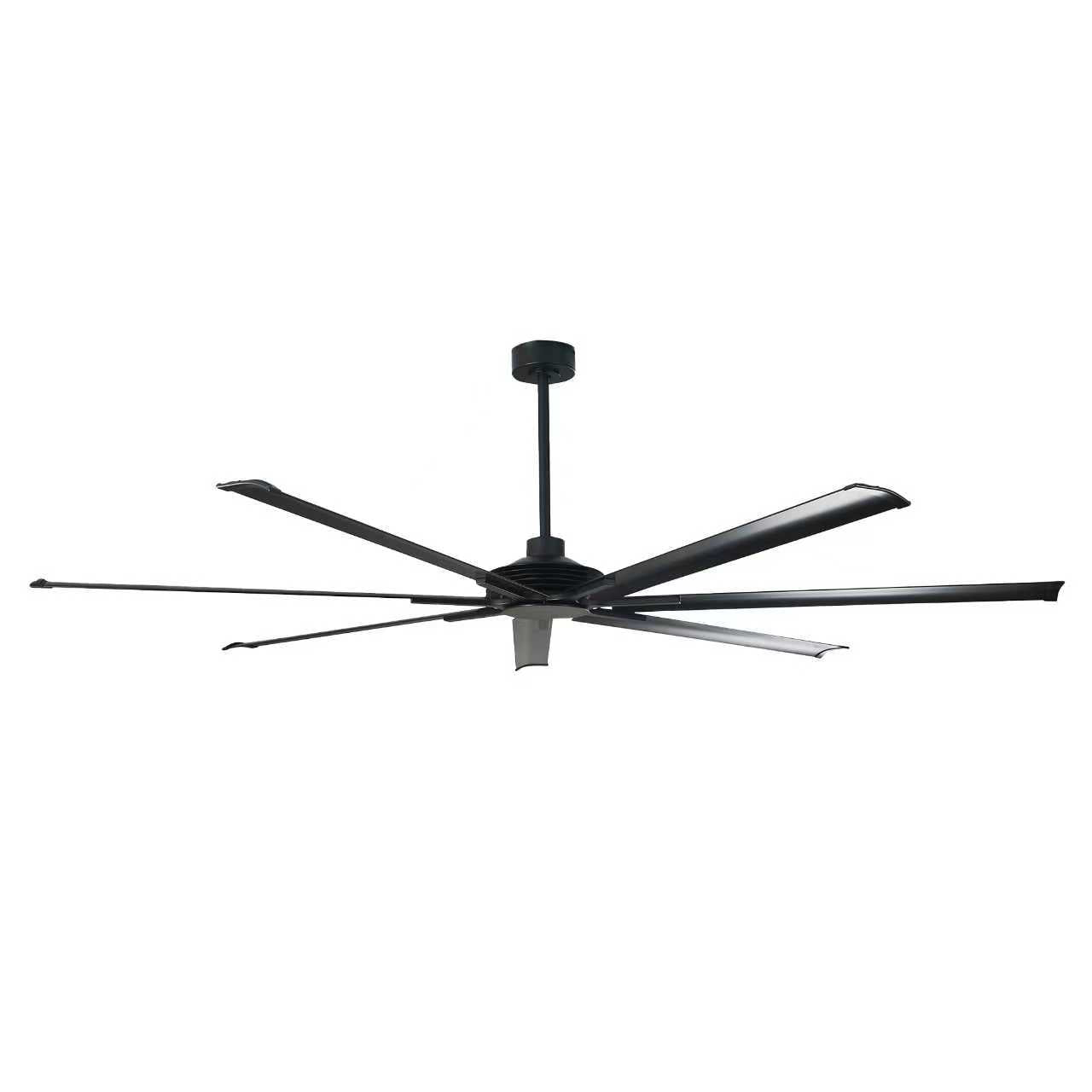 Large black ceiling fan with multiple blades and downrod mount