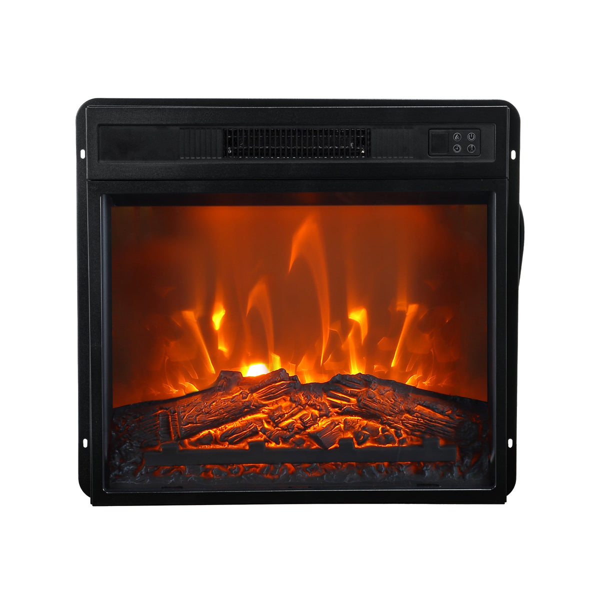 Black electric fireplace insert with bright flame pattern and glass viewing window