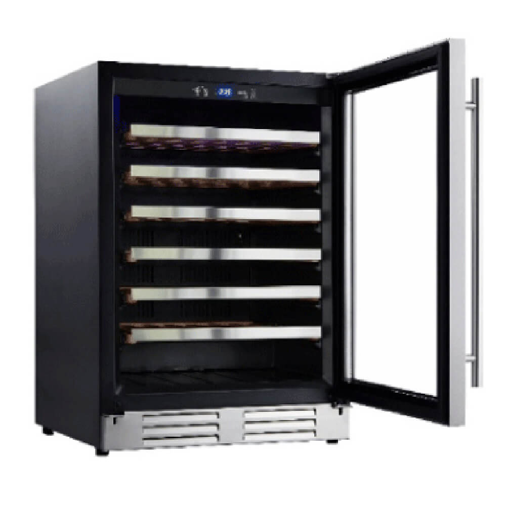 Built-in wine cooler with open door, stainless frame, and multi-tier bottle racks