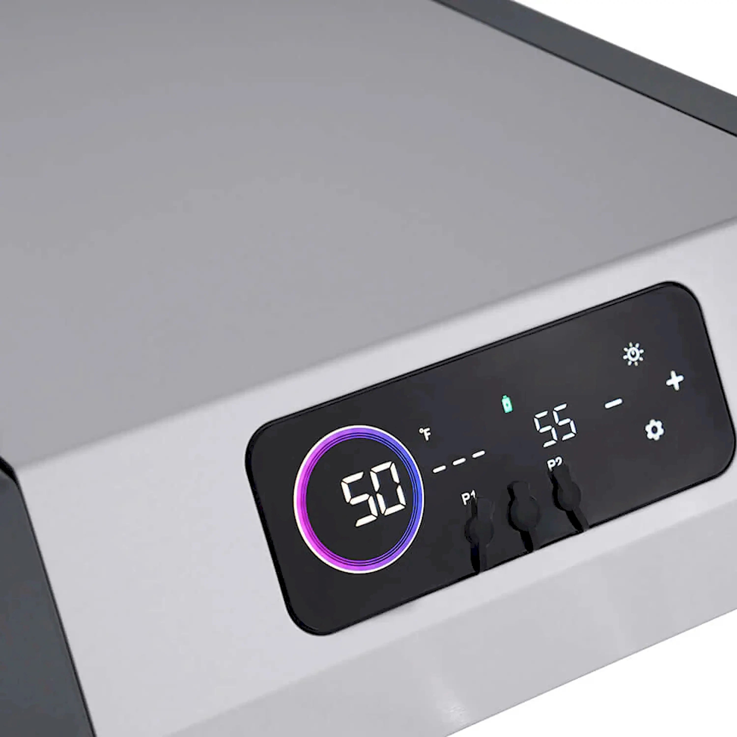 Grill control panel with digital temperature display and illuminated ring knob