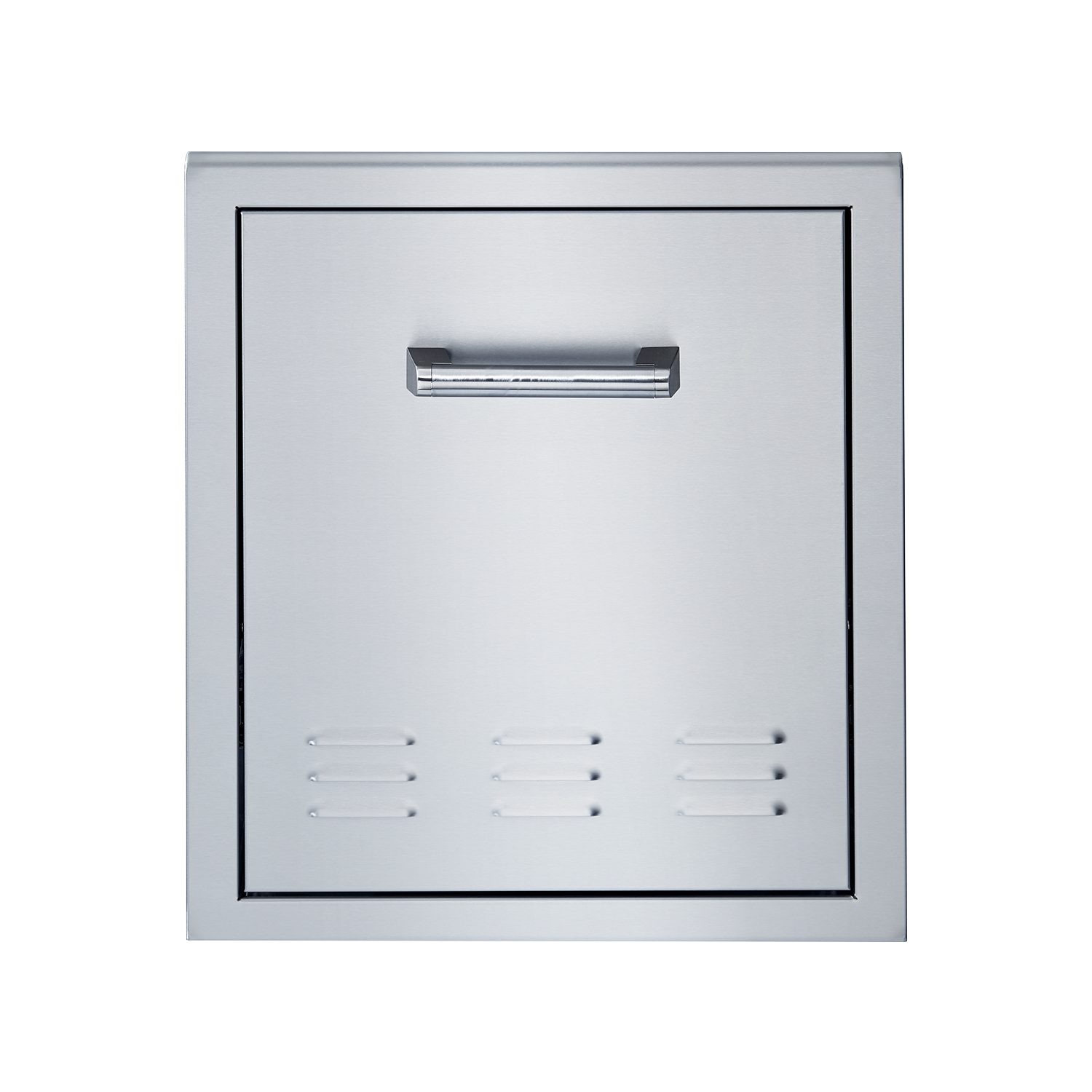 Metal propane tank drawer front with recessed handle and vented grille