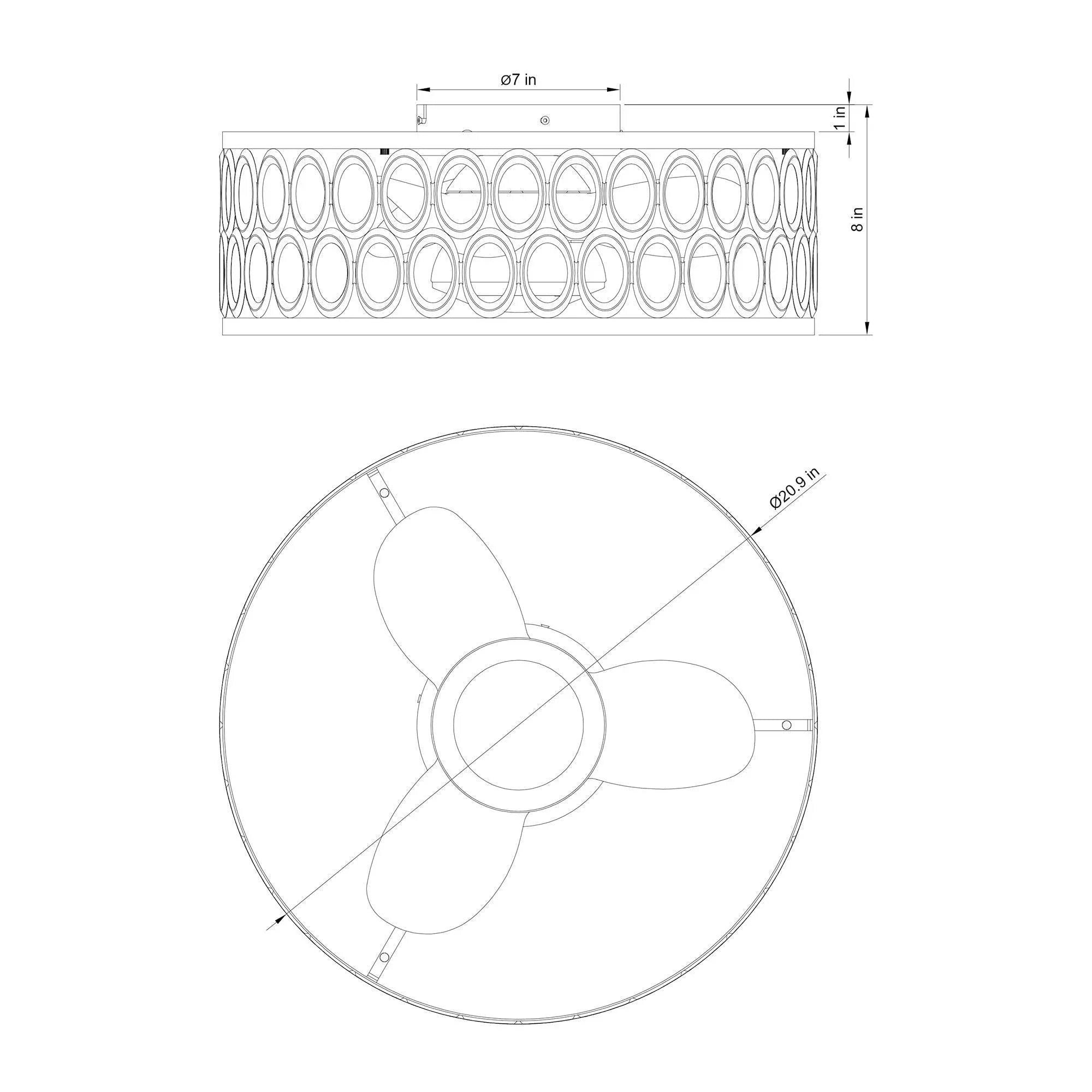 Flush mount ceiling fan diagram showing blade layout and central motor housing