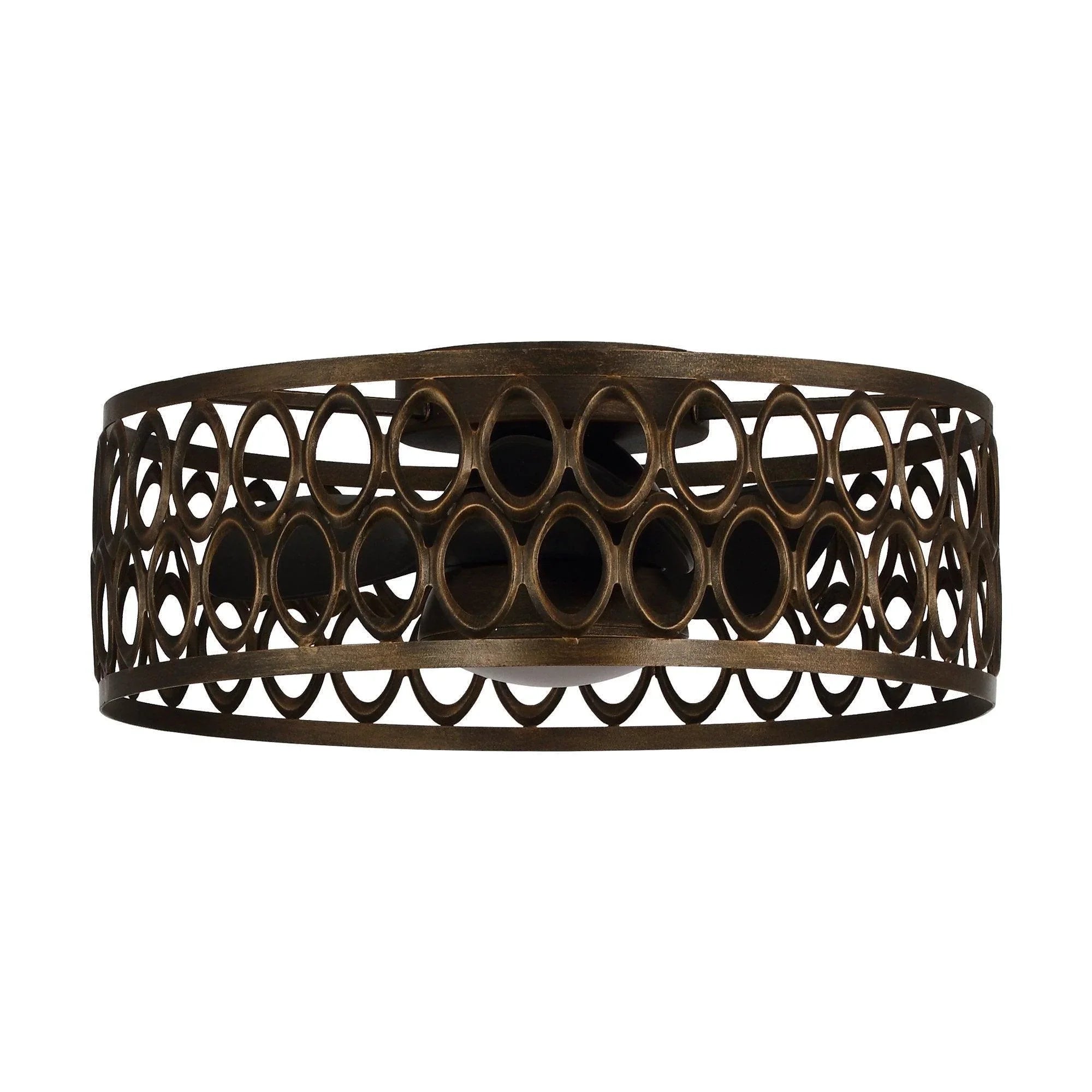 Black metal flush mount ceiling fan canopy with circular lattice cage design