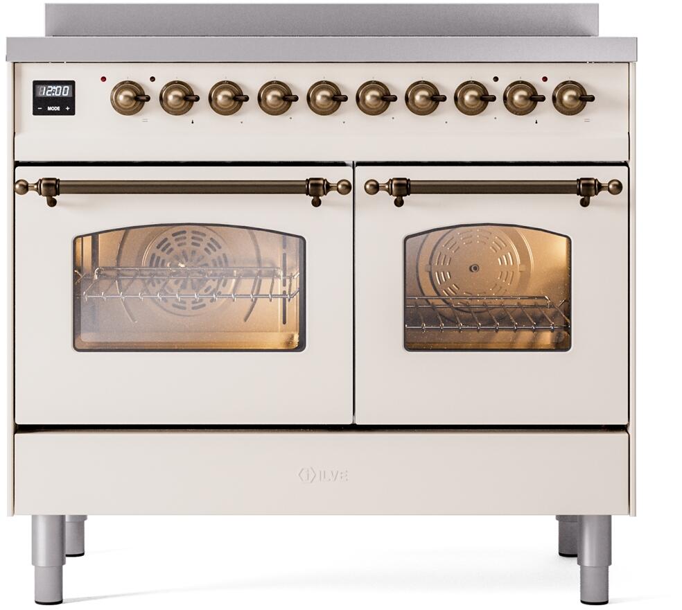 Antique white freestanding induction range with two oven windows and bronze knob control bar