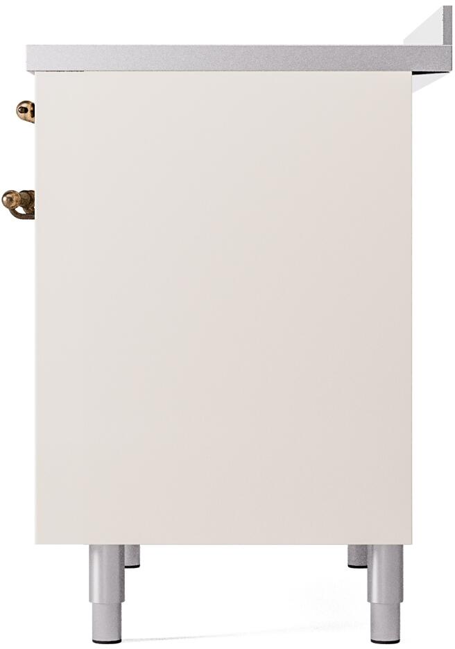 Antique white freestanding induction range side panel with bronze hinge and leveling legs
