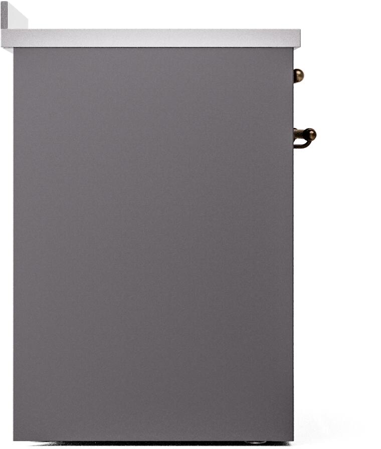 Freestanding electric induction range matte graphite side panel with bronze corner hardware.